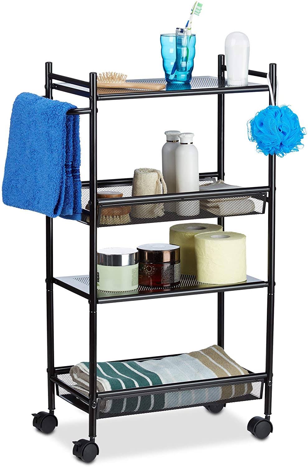 Relaxdays Metal Serving Cart, 4-Tier Kitchen Trolley, Office Rack with Wheels HxWxD: 81 x 26 x 50 cm, Black 10021747