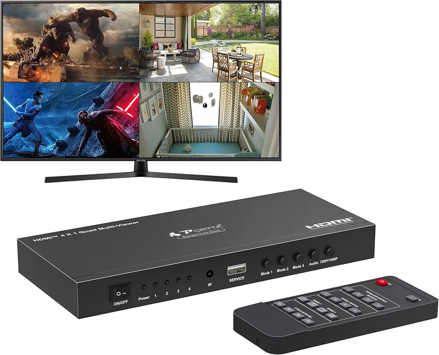 HDMI Multiviewer Switch 4x1, PORTTA HDMI Quad Multi-Viewer Seamless Switcher 4 in 1 Out with Loop, Audio Extractor to Stereo, 1080p, 5 Viewing Modes for Security Camera, Gaming Consoles