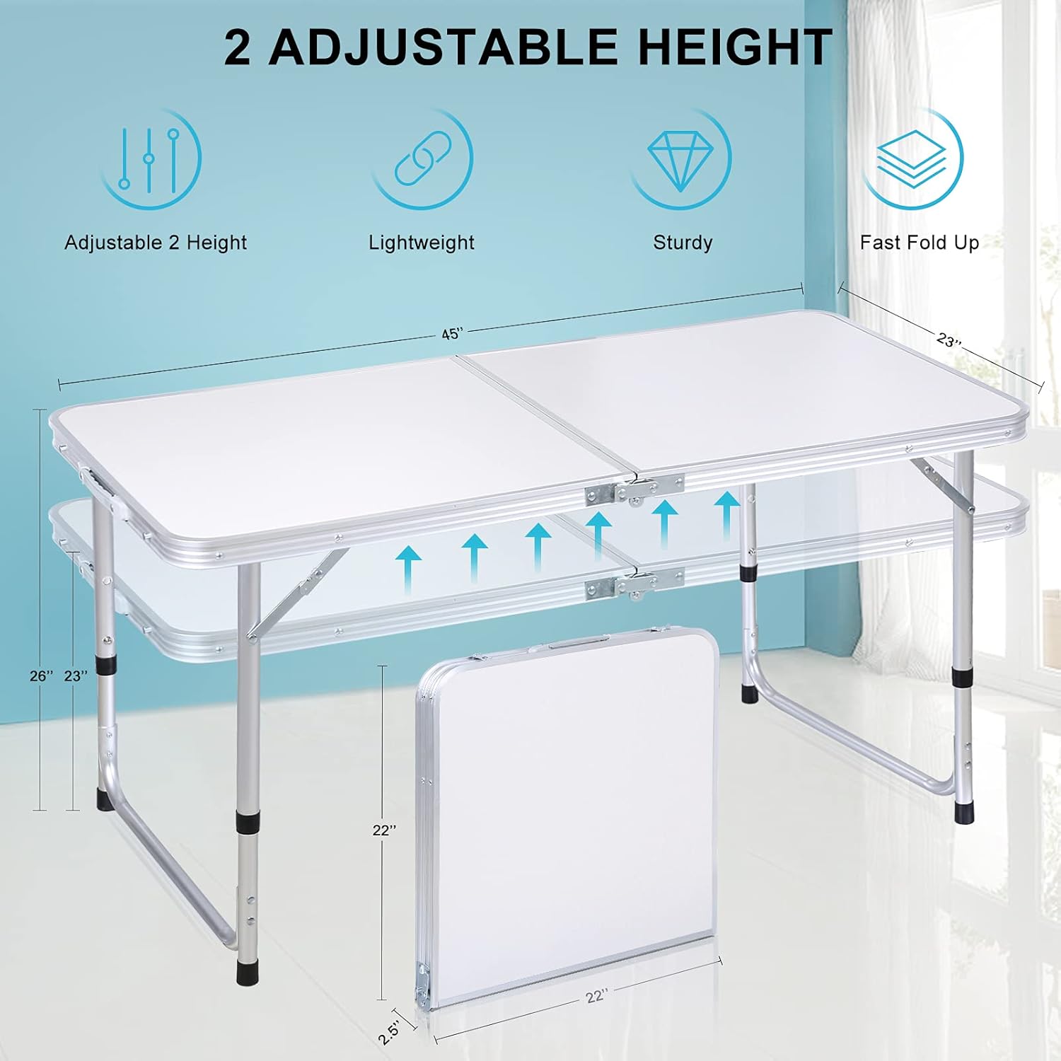 JooMoo Folding Camping Picnic Table - Portable Outdoor Aluminum Table + 4 Stools, 2 Adjustable Heights, Lightweight Dining Table for Grill BBQ Backyard and Beach
