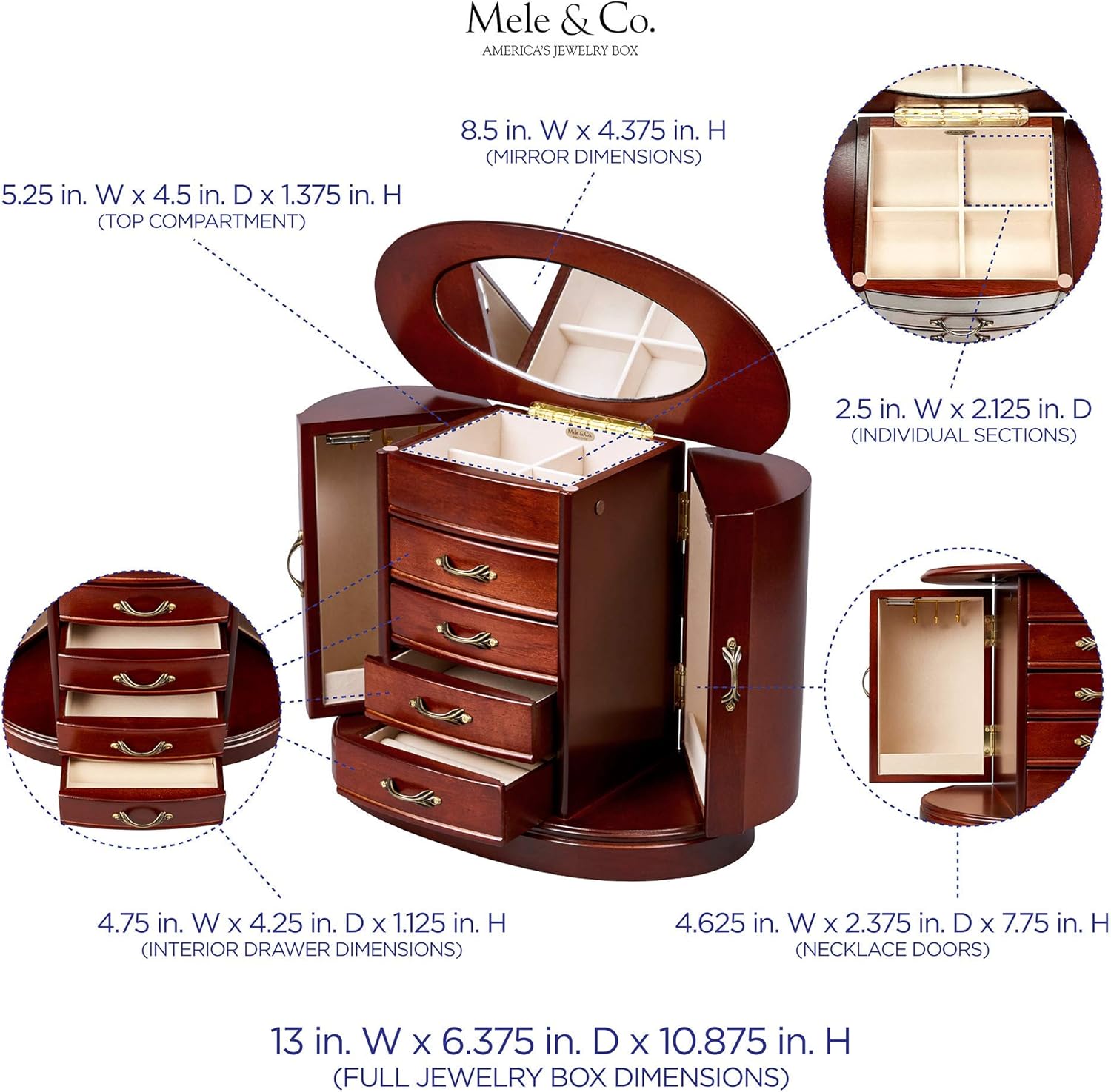 Mele & Co. Heloise Wooden Jewelry Box, Ring, Necklace, and Earring Organizer