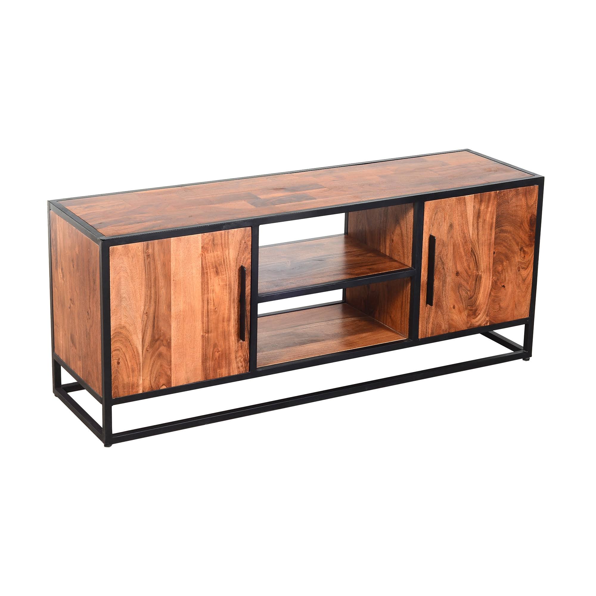 54 inch Metal Frame TV Console with 2 Side Door Cabinets, Black and Brown