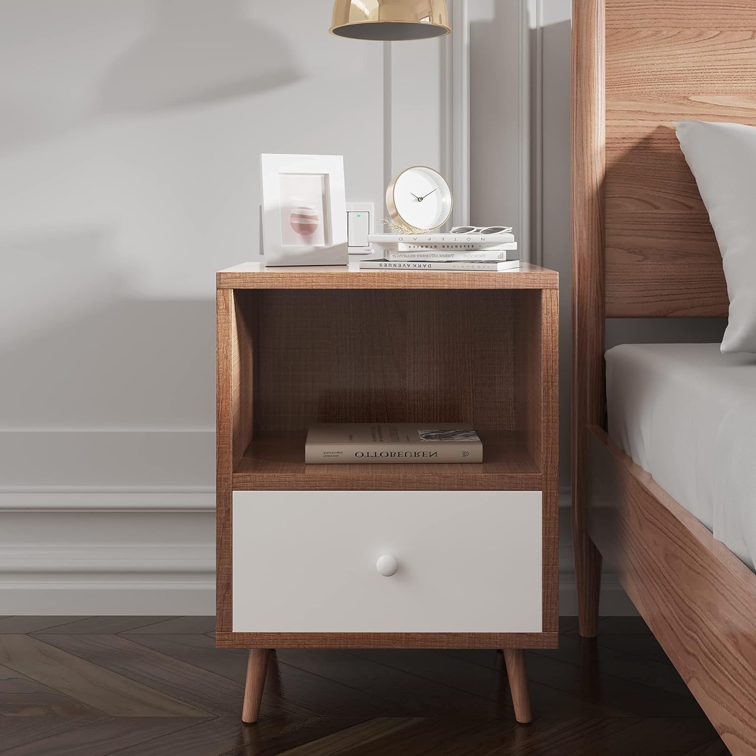 Set of 2 Nightstand Beside End Table,2 Layer w/Drawer,Modern Nightstands for Living Room Bedroom Small Spaces,Wood Look Accent Table,Gray &hellip;