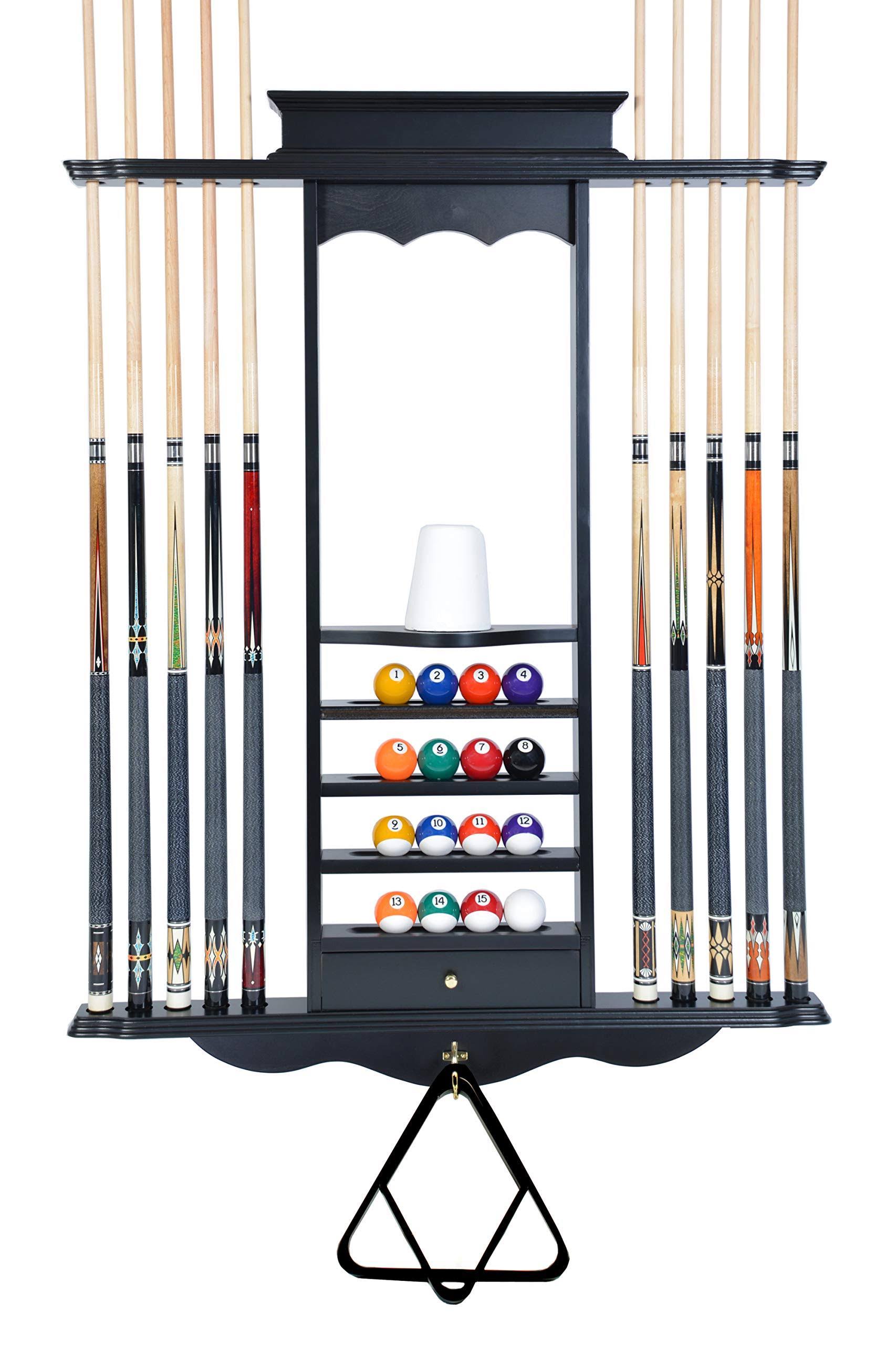 Iszy Billiards Cue Rack Only- 10 Pool - Billiard Stick u0026 Ball Wall Rack Choose Oak, Black or Mahogany Finish Made of Wood