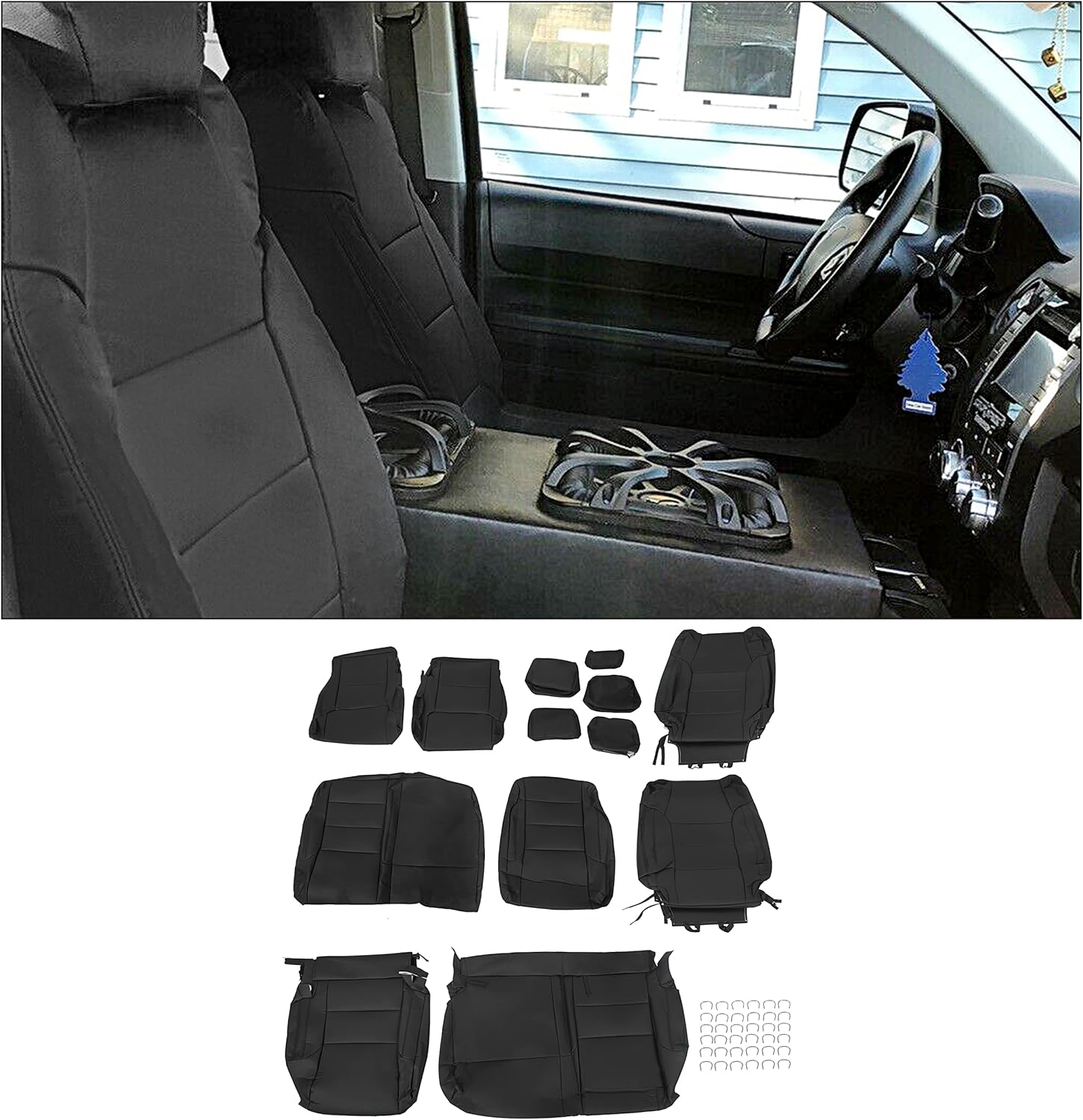 KUAFU Seat Covers Compatible with Toyota Tundra Double Cab TRD SR5 2014 2015 2016 2017 2018 2019 2020 Leather Black