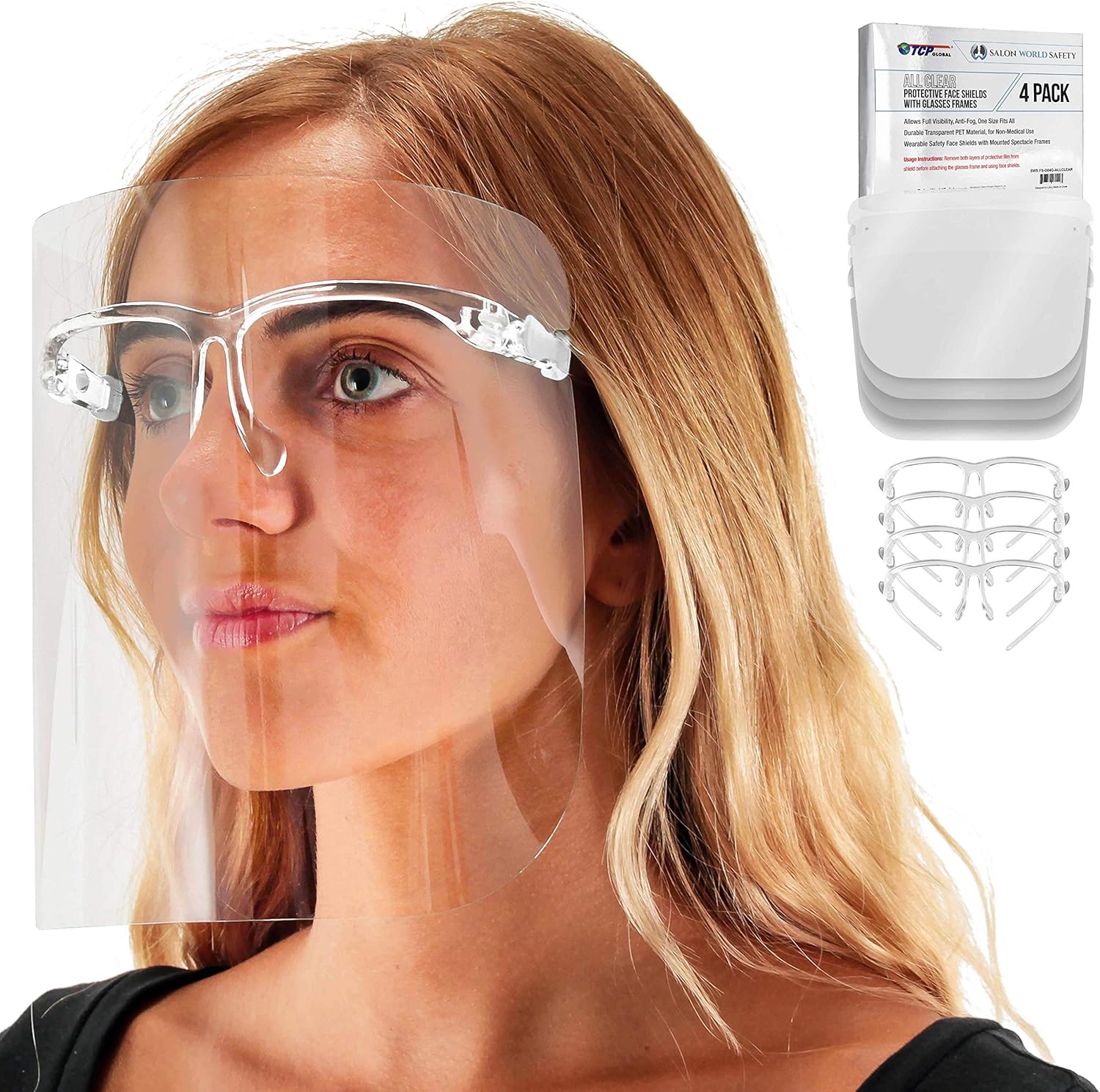 TCP Global Salon World Safety Face Shields with All Clear Glasses Frames (Pack of 4) - Ultra Clear Protective Full Face Shields to Protect Eyes, Nose, Mouth - Anti-Fog PET Plastic, Goggles