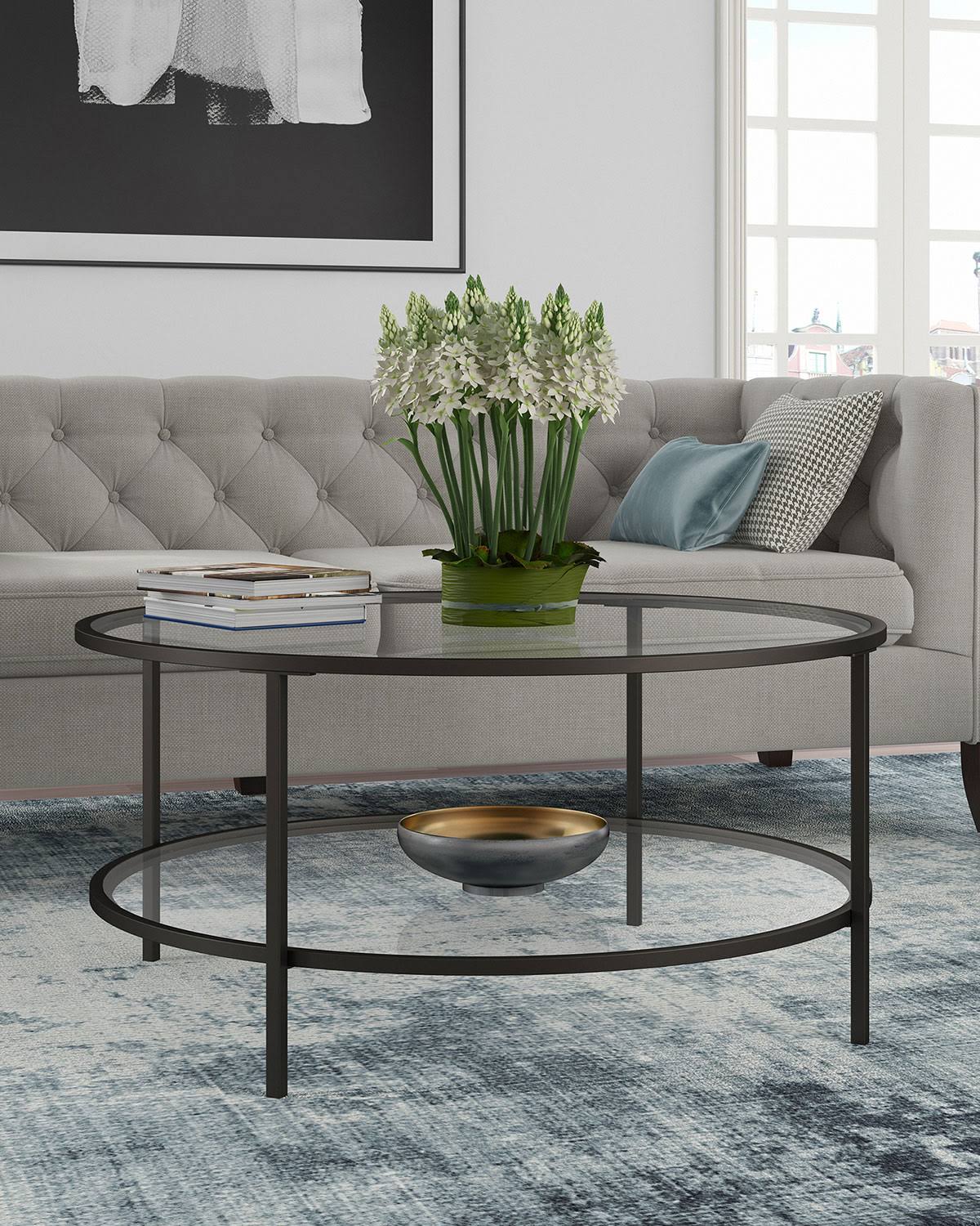 Orwell Coffee Table in Blackened Bronze with Glass Shelf