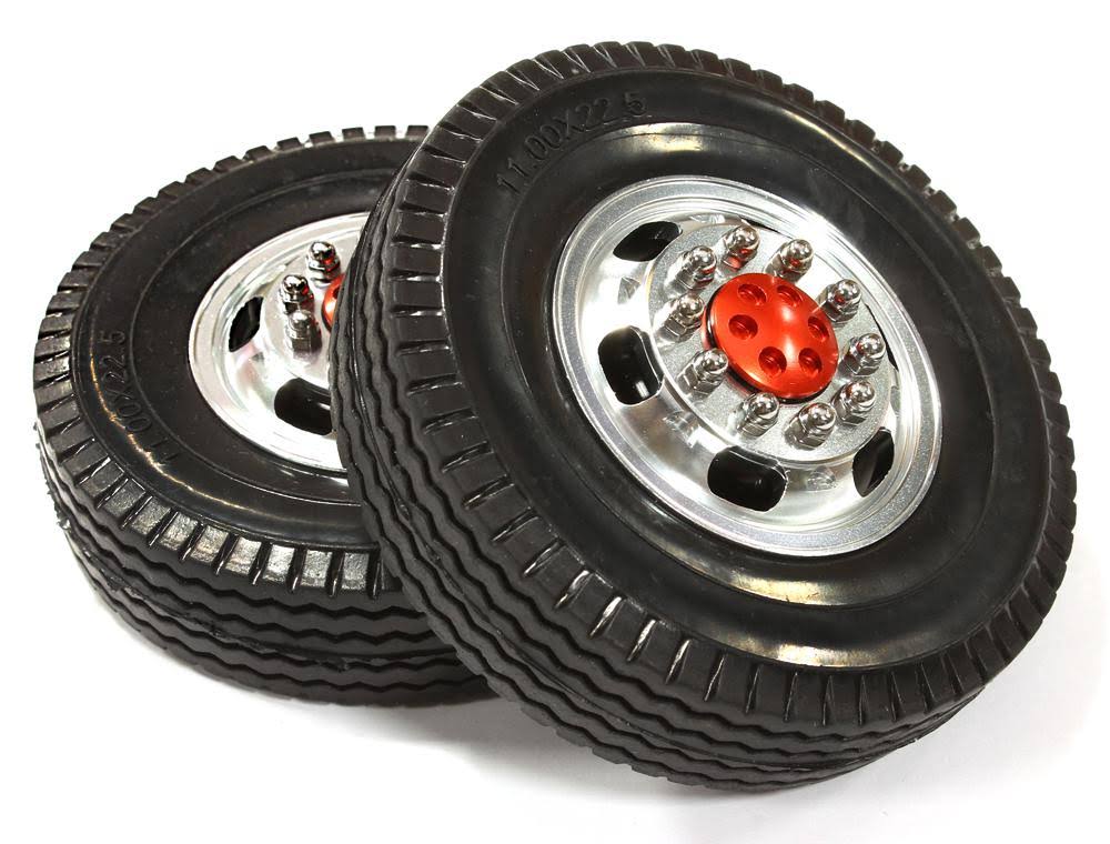 Integy RC Model Hop-ups C25546red Billet Machined Alloy Front Wheel 12R +Tire for Tamiya 1/14 Scale Tractor Trucks