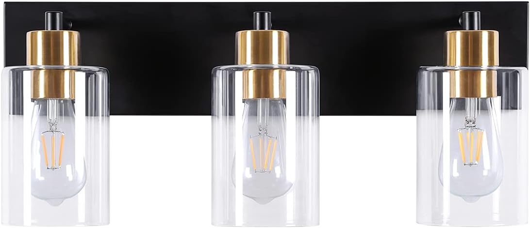 Chosenior Bathroom Vanity Light Fixtures, 3-Light Vanity Wall Sconces with Clear Shade in Matte Black for Bathroom Lighting (E26 Base)&hellip;