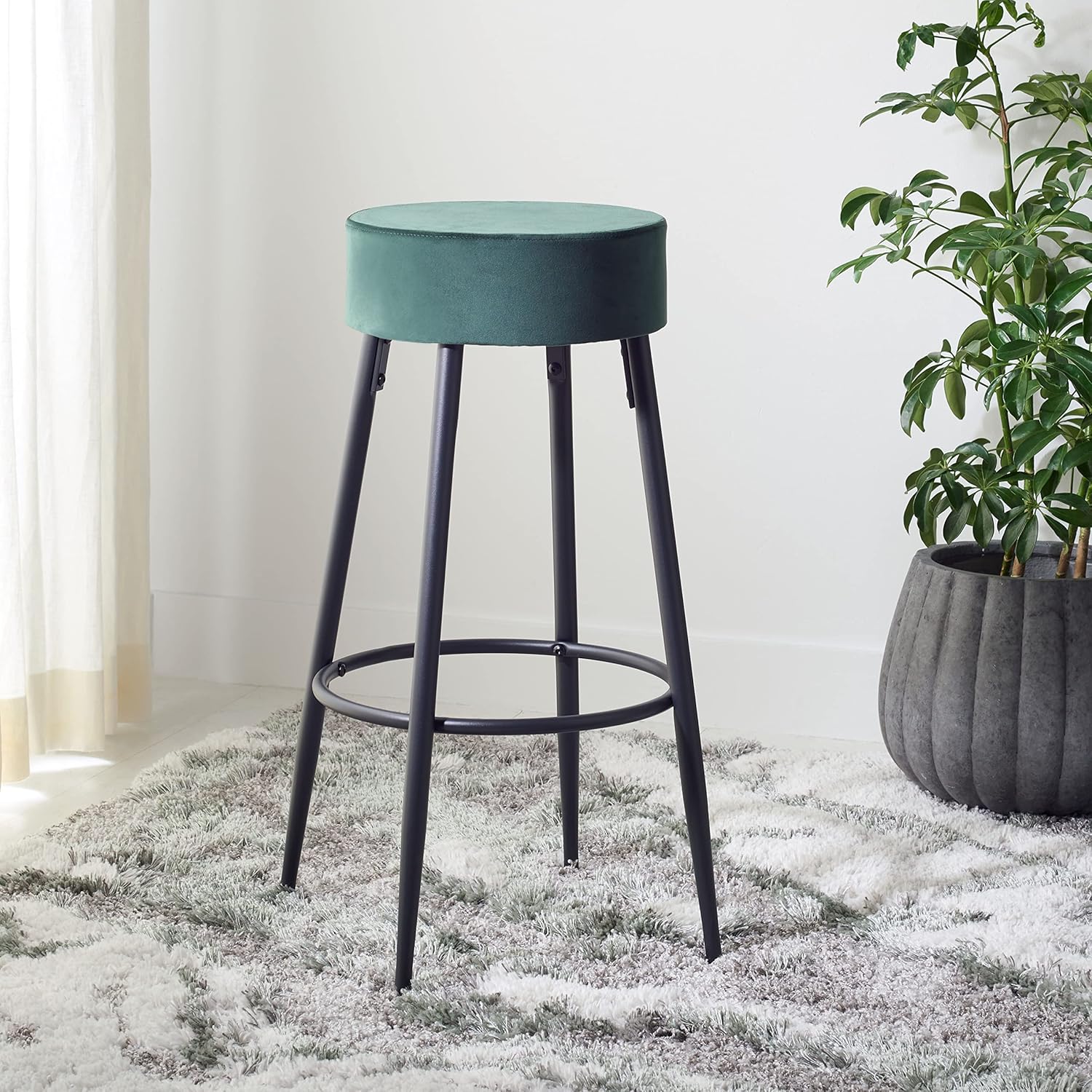 SAFAVIEH Home Collection Bohden Malachite Green Velvet/ Black 24-inch Round Kitchen Breakfast Nook Island Dining Pub Counter Stool