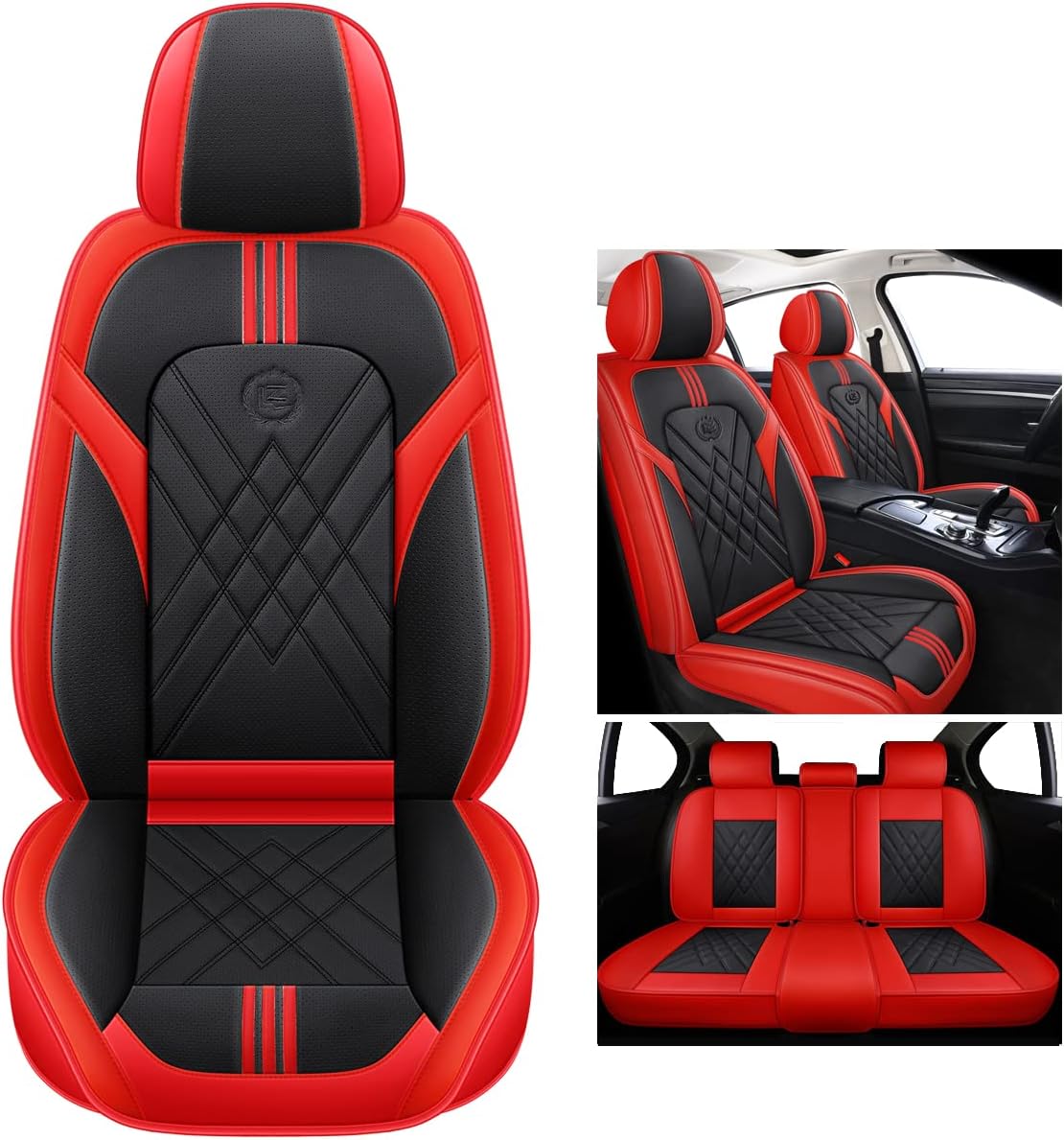 Leather Car Seat Covers for 5 Passenger Cars, Faux Leatherette Automotive Vehicle Cushions Covers, SUV Universal Fit Set for Auto Interior Accessories (Black & Red)