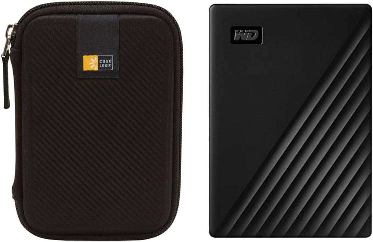 WD 1TB My Passport USB 3.2 Gen 1 Slim Portable External Hard Drive (2019, Black) + Compact Hard Drive Case (Black) (1TB, Black)