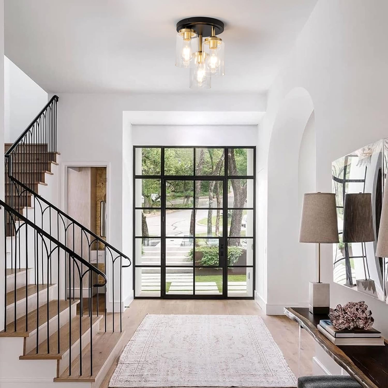 MAYNA Semi Flush Mount Ceiling Light Fixture 3-Light Black & Gold Modern Glass Ceiling Lamp Close to Ceiling Light Chandelier for Bedroom Living Room Kitchen Dining Room Hallway Passway Entryway Foyer