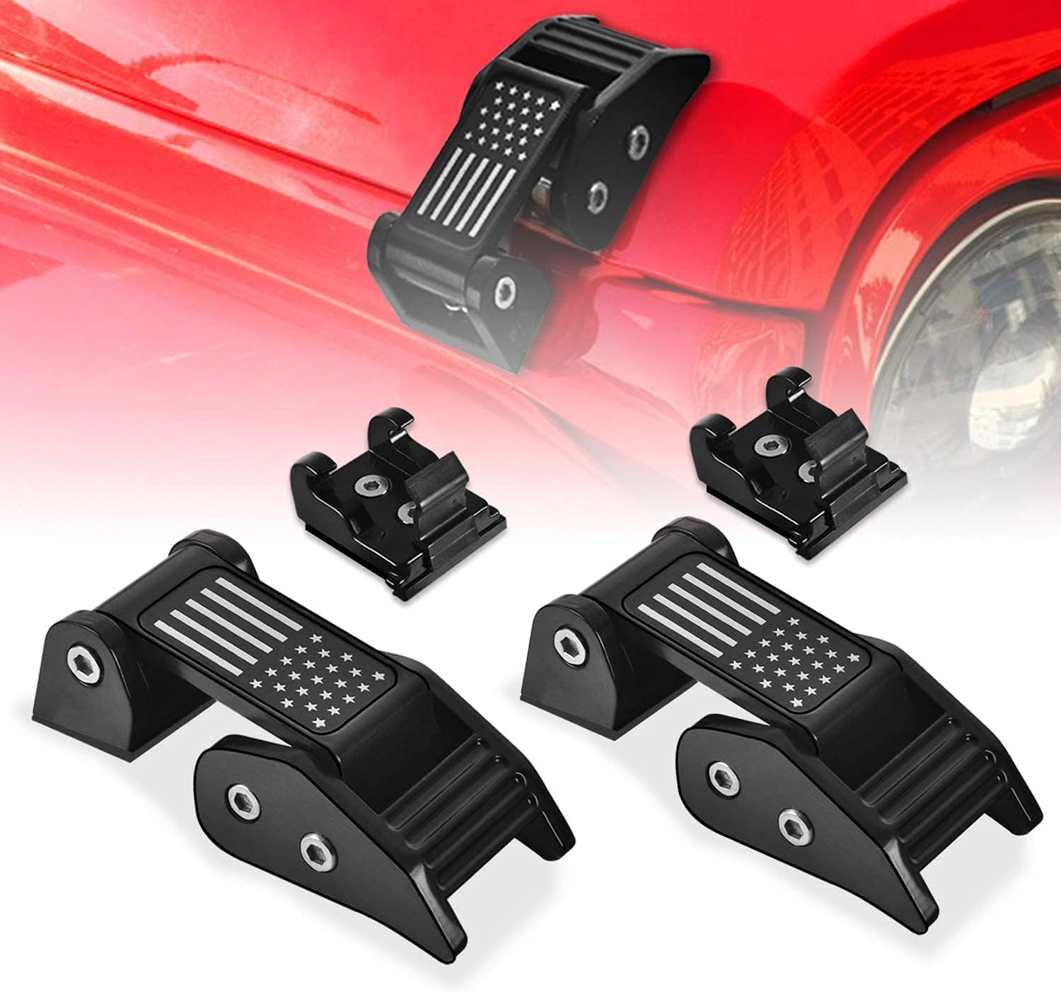 Adust Aluminum Hood Latches Catch Kit with US Flag Style for 2007-2018 Jeep Wrangler JK JKU & 2018-2020 Jeep Wrangler JL JLU, Jeep Gladiator JT, Jeep Wrangler Accessories Parts (Red)
