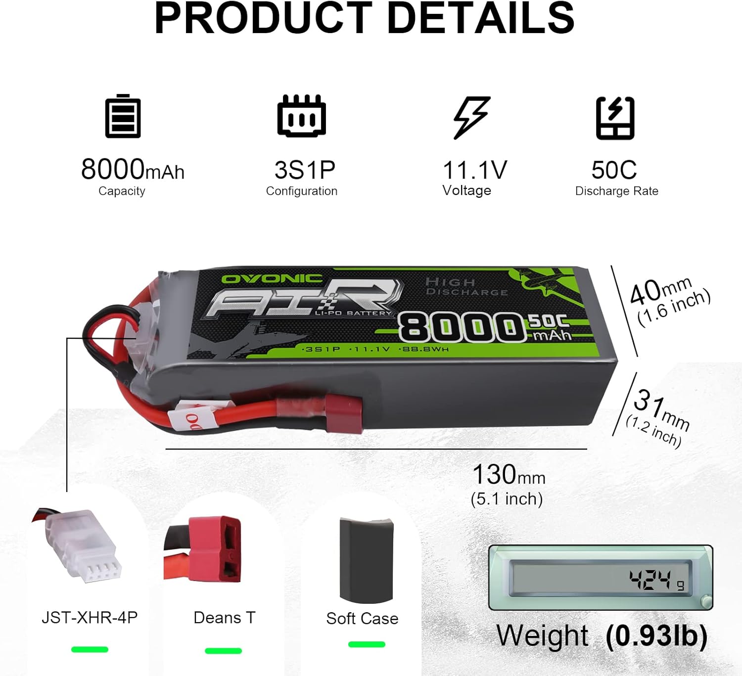 Ovonic 3s Lipo Battery 50C 8000mAh 11.1V Lipo Battery Soft Case with Dean-Style T Connector for RC Airplane Helicopter Car Truck Boat (2 Packs)