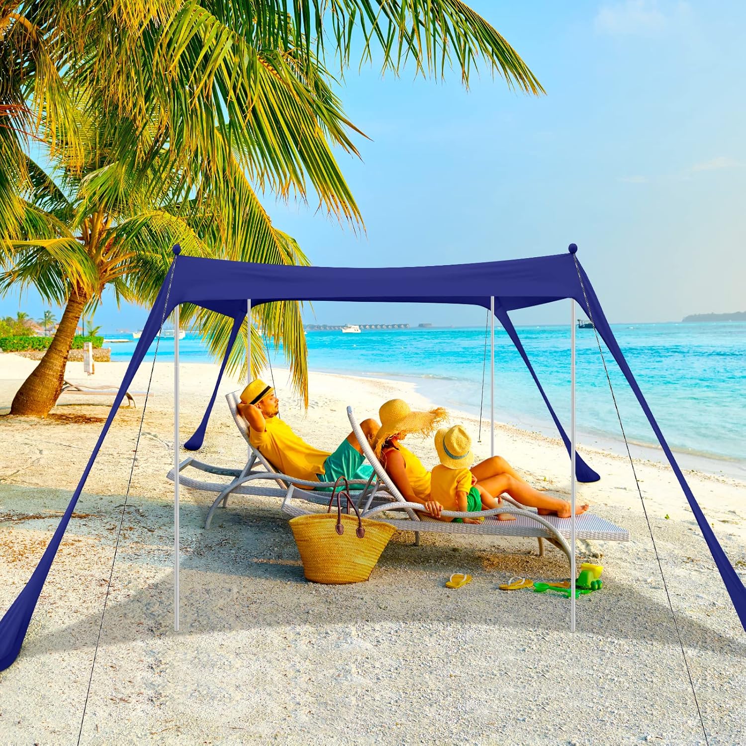 HATPPTO Beach Canopy, Pop Up Beach Tent Sun Shelter UPF50+ w/ Sand Shovel, Ground Pegs, Storage Bag, Windproof Poles & Ropes, Outdoor Canopy Sun Shade for Camping Trips, Fishing, Lawn, Picnics