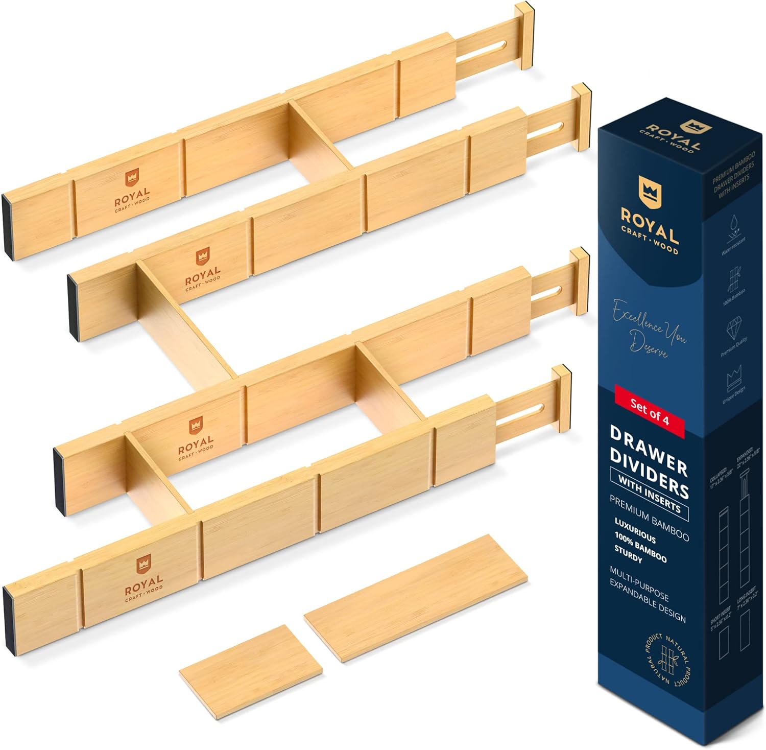 Adjustable Bamboo Drawer Dividers with Inserts - Expandable Drawer Organization Separators for Kitchen, Dresser, Bedroom, Bathroom, 4-Pack (17