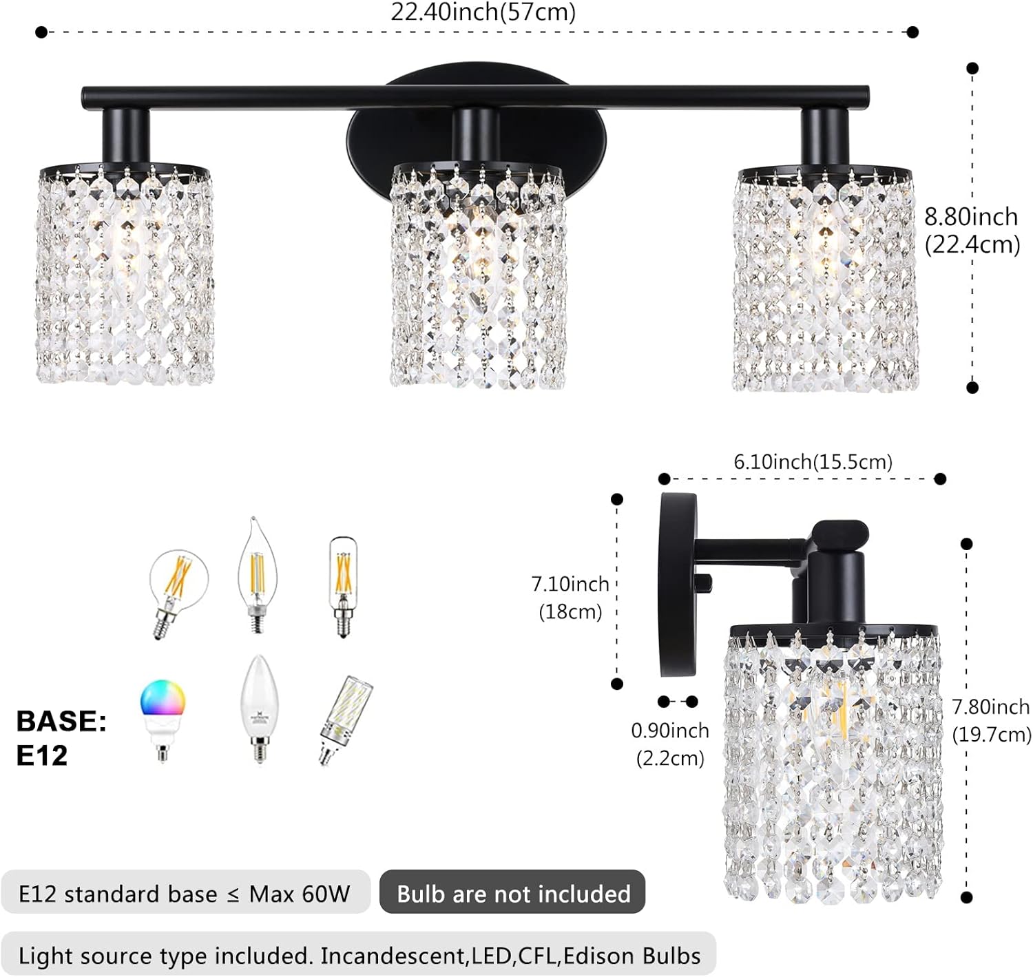 Luburs Bathroom Light Fixtures, Vanity Bath Light Wall Lamp Bar Interior Lighting Fixture Over Mirror, Modern Style Matte Black Crystal Drop Bathroom Lighting Fixtures(3 Lights-Exclude Bulb)