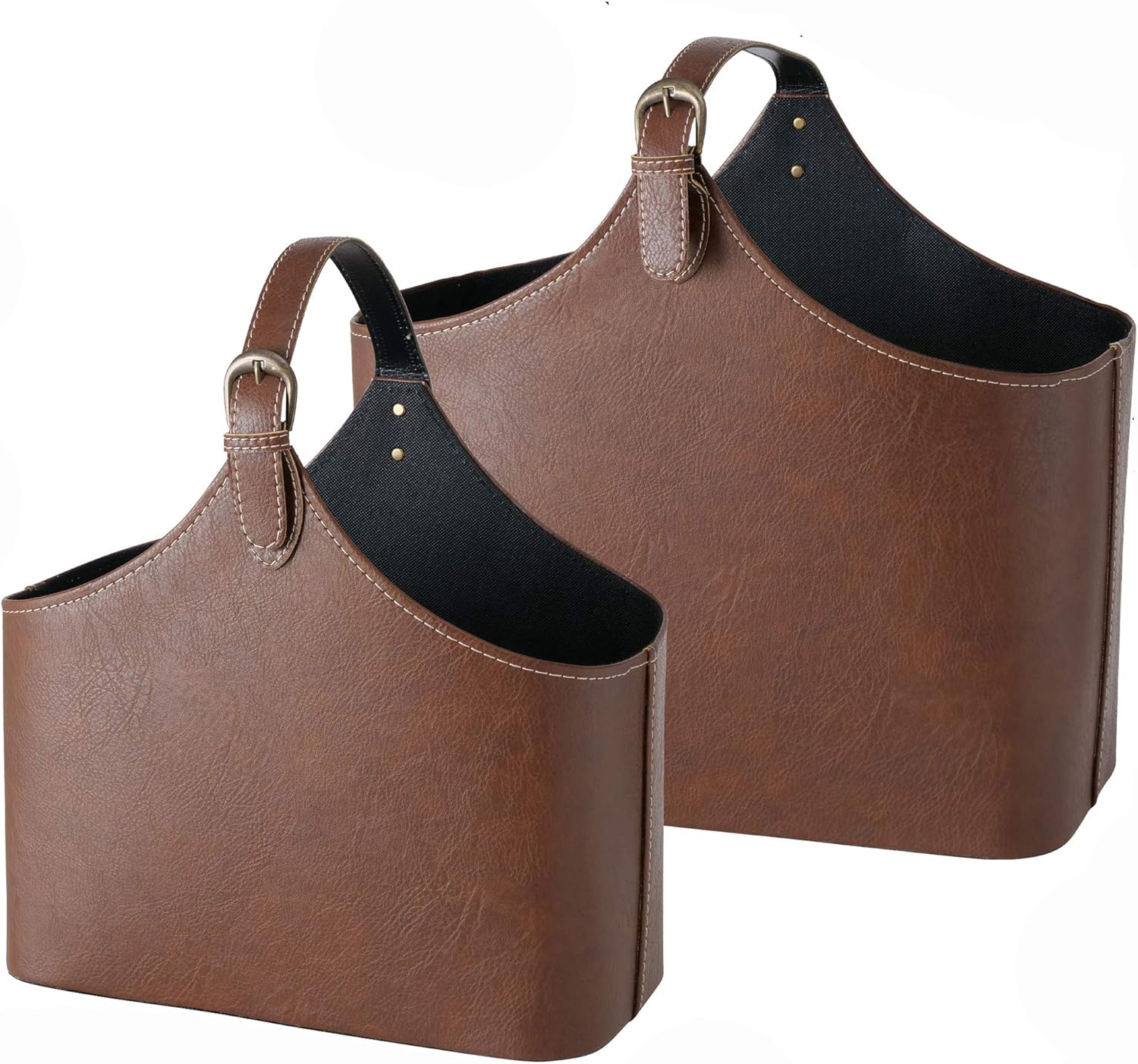 WHW Whole House Worlds Tribeca Magazine Holder Racks, Set of 2, Dark Chocolate Brown Tone, Faux Nubuck Suede, Top Handle, Silver Buckles and, Stitched Details, 19.25 and 15.75 Inches