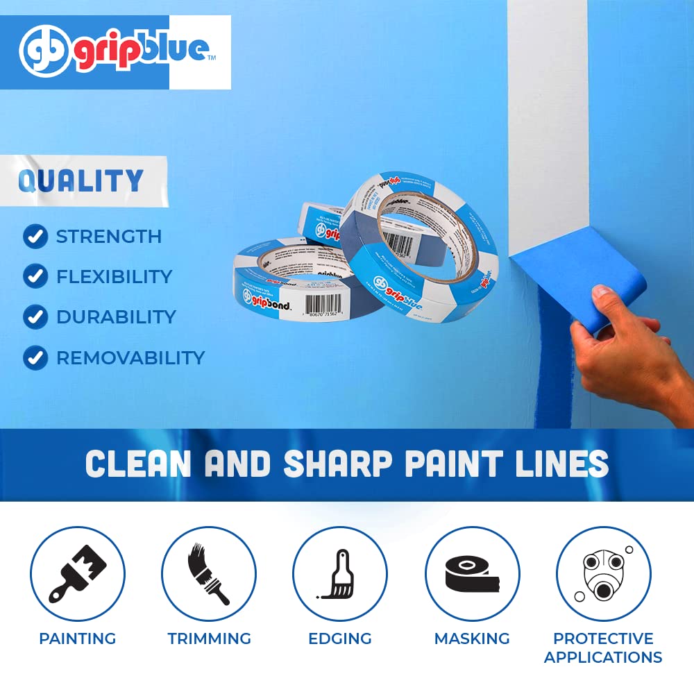 GRIPBLUE 1 Inch (24 mm) Multi-Use Blue Painters Tape, 36 Rolls Value Pack, Premium Crepe Paper Masking Tape for Multi-Surfaces, Clean and Easy Removal.