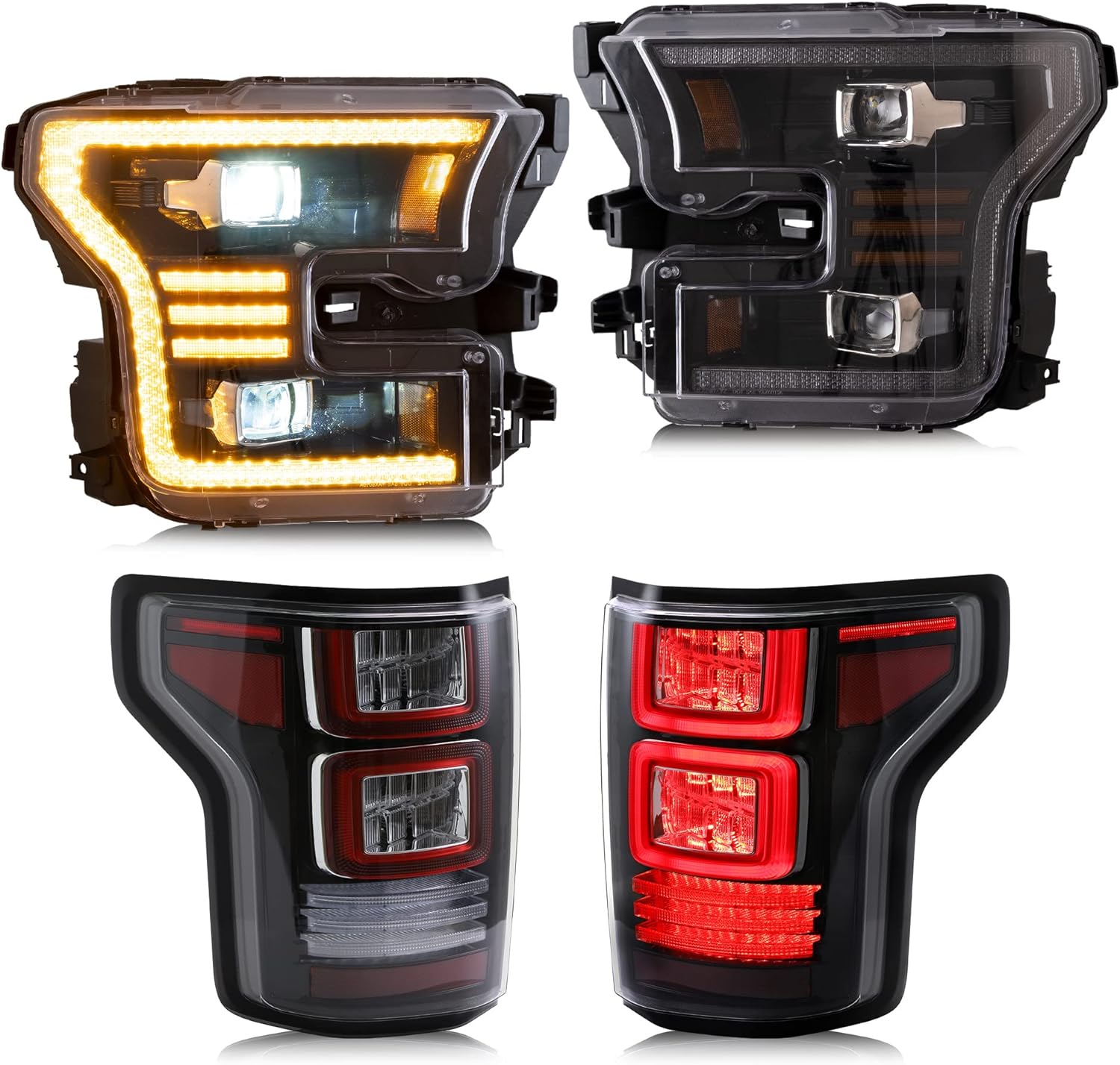 VLAND LED Amber DRL Headlights & Clear Taillights Compatible For [ 2015 2016 2017 Ford F150 ] With Red Turn Signal Lights Lamps Assembly, (Not Fit a BLIND Model & Factory LED Version)