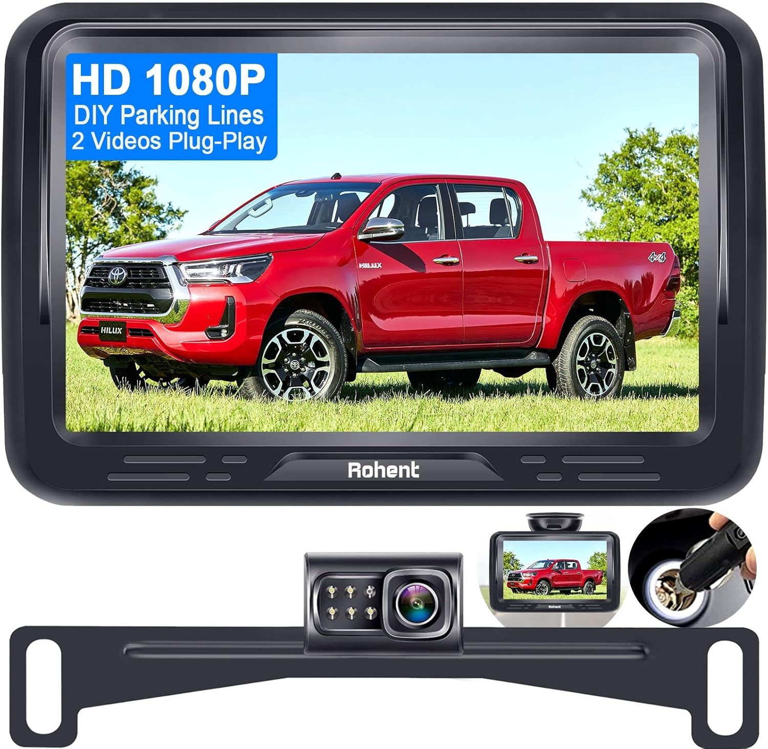 Backup Camera Monitor HD 1080P Night Vision Waterproof Car Truck License Plate Back Up Rear View Reverse Cam Kit 2 Video Channels DIY Gridlines Rohent R1