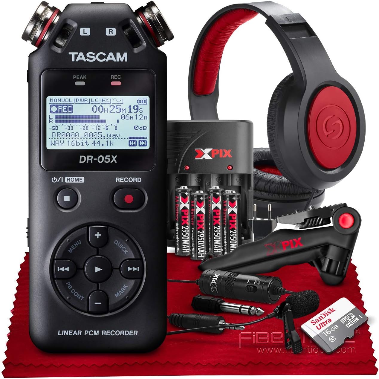 Tascam DR-05X 2-Input / 2-Track Portable Stereo Handheld Digital Audio Recorder w/USB Audio Interface (Black)+ XPIX Lav Microphone + 16GB + Microphone + Premium Accessories Bundle