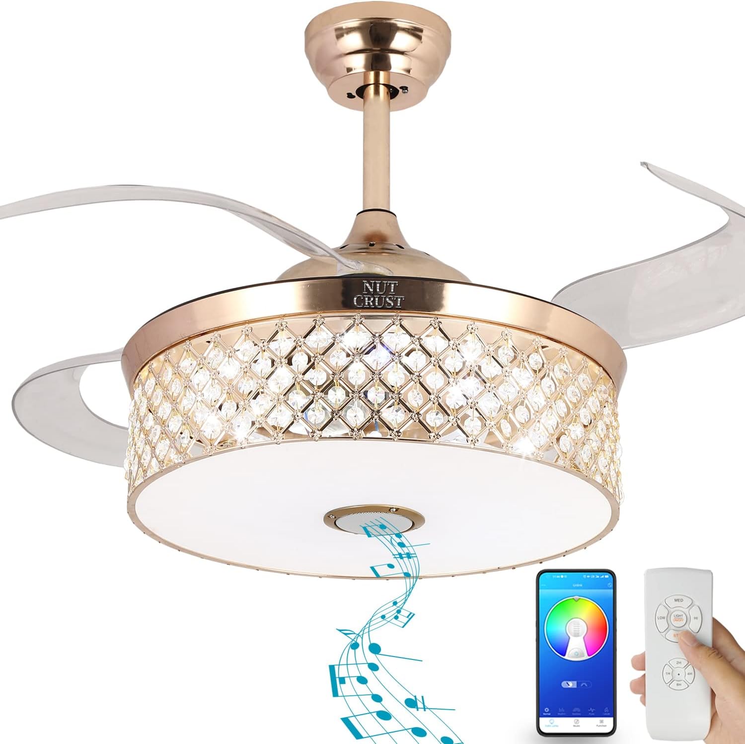 NUTCRUST Retractable Crystal Ceiling Fan with Light and Bluetooth Speaker, 7 Colors Change Bluetooth Speaker Music Player Modern Ceiling Fan Chandelier with Remote Control 36W LED 42 inch (Chrome)