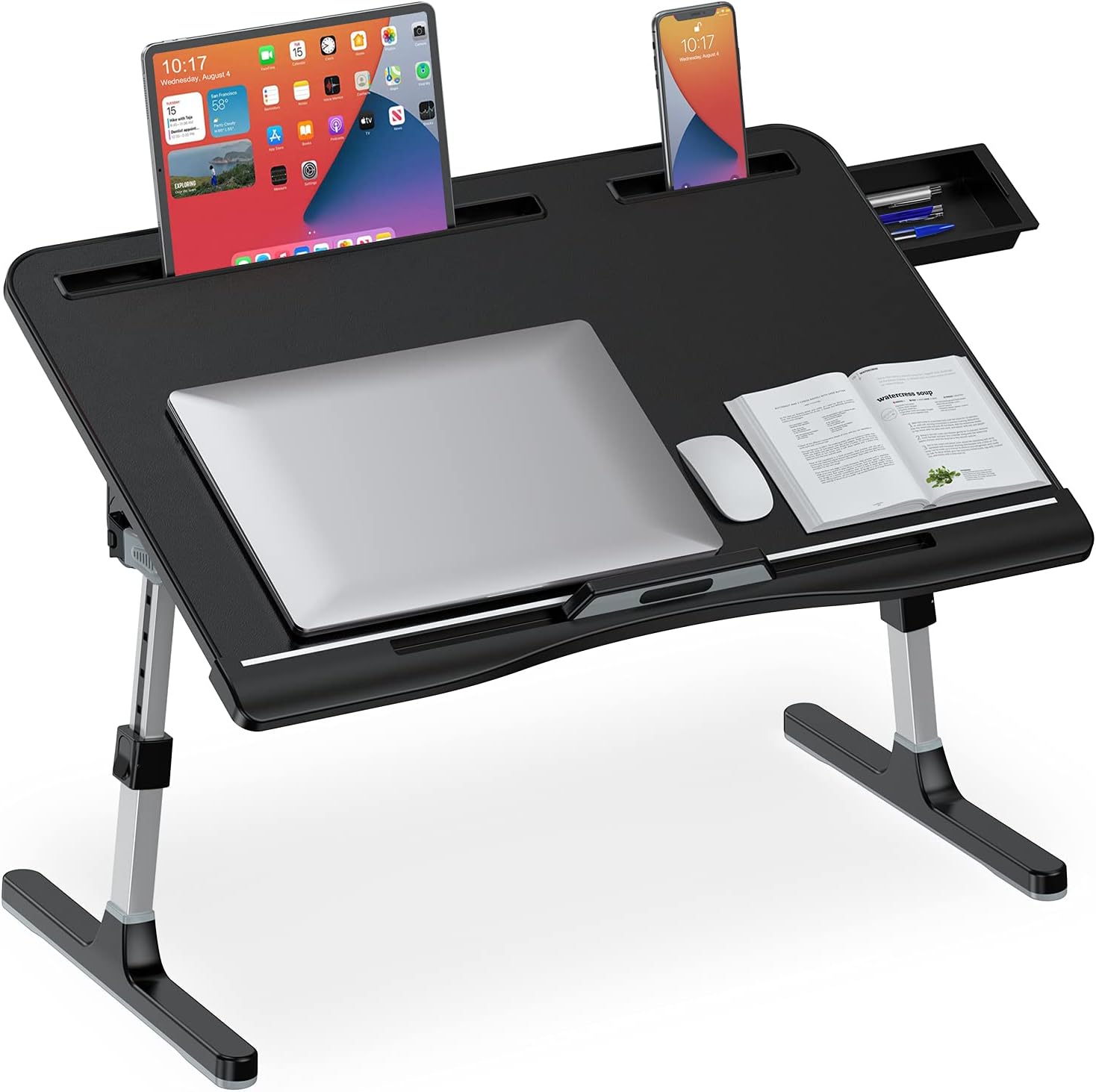 Bed Desk for Laptop, Adjustable Laptop Desk with Foldable Legs Storage Drawer Tablet Slot Removable Stopper, Portable Lap Desk for Writing Working Reading Eating (White Marble) Pack of 2