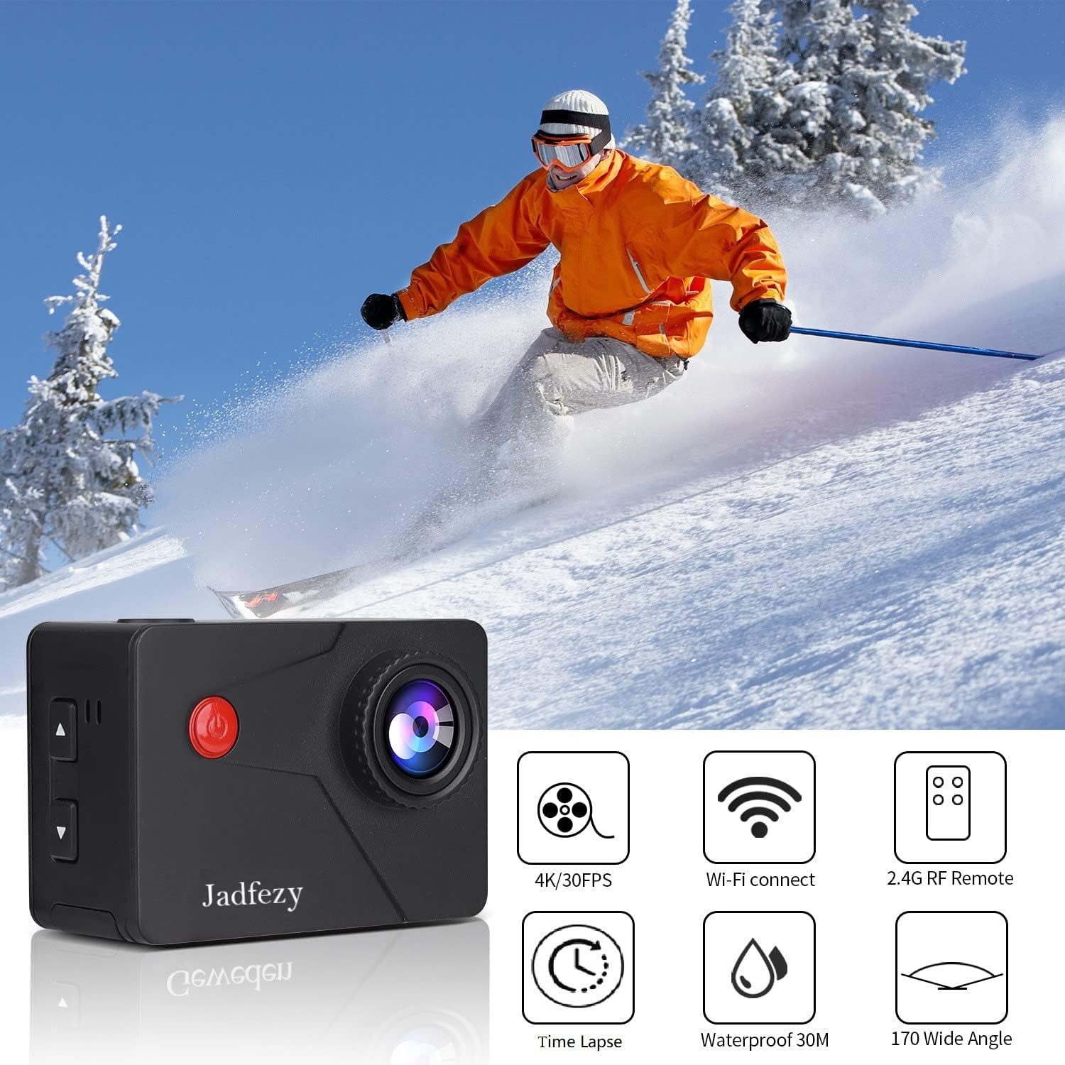 Jadfezy Action Camera 4K with WiFi, Remote Control, Ultra HD Sports Camera with 20 MP and 170 &deg; Wide Angle, 30M/98FT Underwater Waterproof Camera with 2 Batteries and Mounting Accessories Kit