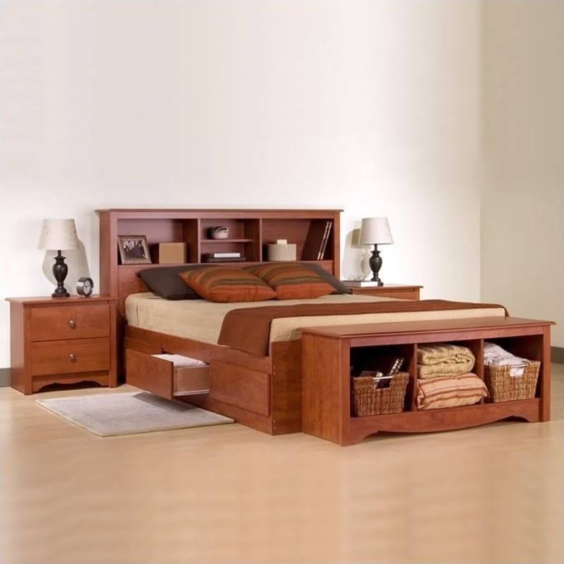 Prepac Monterey 3-Piece Wood Platform Storage Bed Bedroom Set, Cherry, Queen