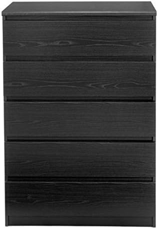 BOWERY HILL Contemporary Sturdy 5 Drawer Chest in Black Wood Grain