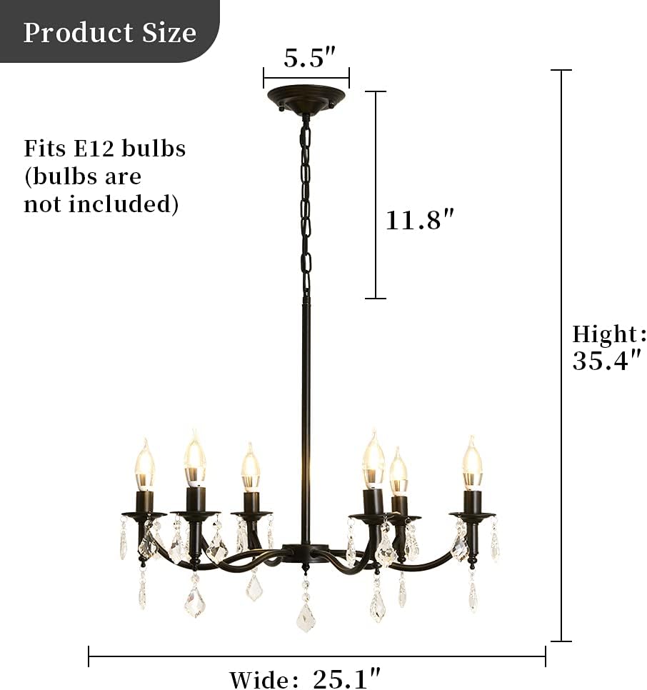 LEDSTORM Farmhouse Chandelier 6-Light Rustic Industrial Ceiling Crystal Pendant Light Fixture for Dining Room Bedroom Foyer Kitchen 25 Inches Matt Black(Adjustable Height)
