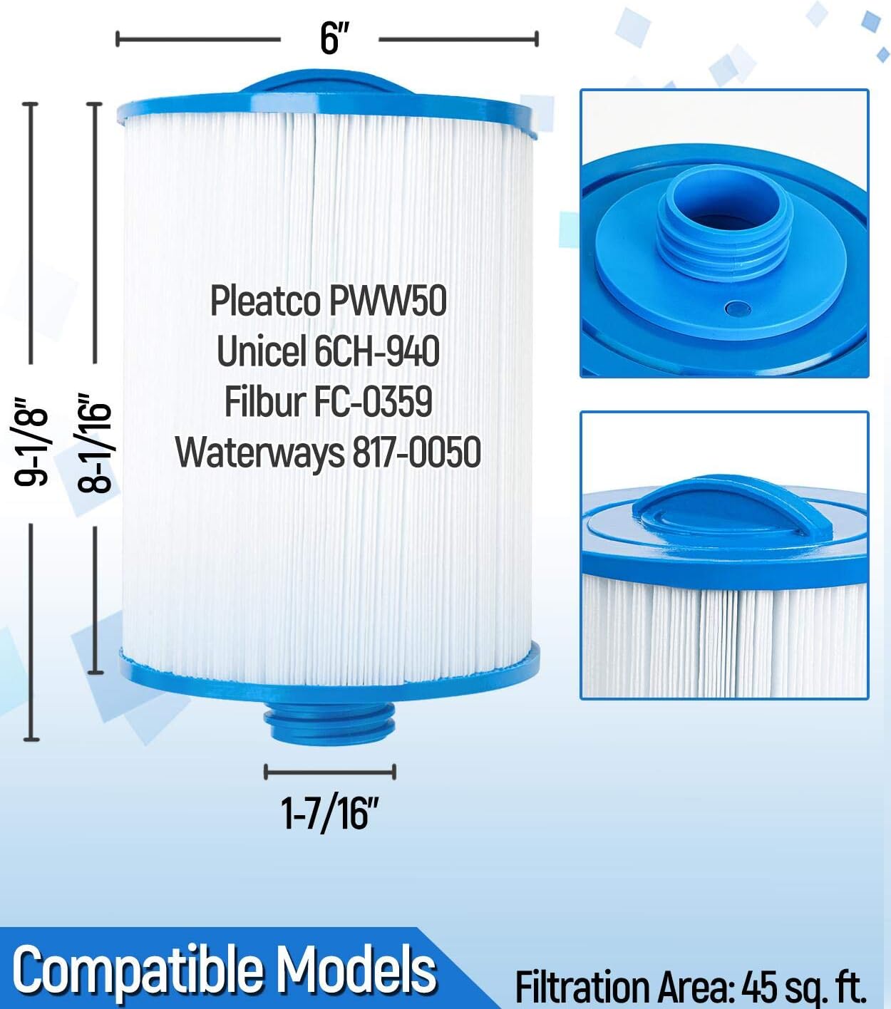 Future Way Spa Hot Tub Filter Compatible with Pleatco PWW50P3, Unicel 6CH-940, Filbur FC-0359, Waterway Front Access Skimmer, 45 sq.ft, 2-Pack