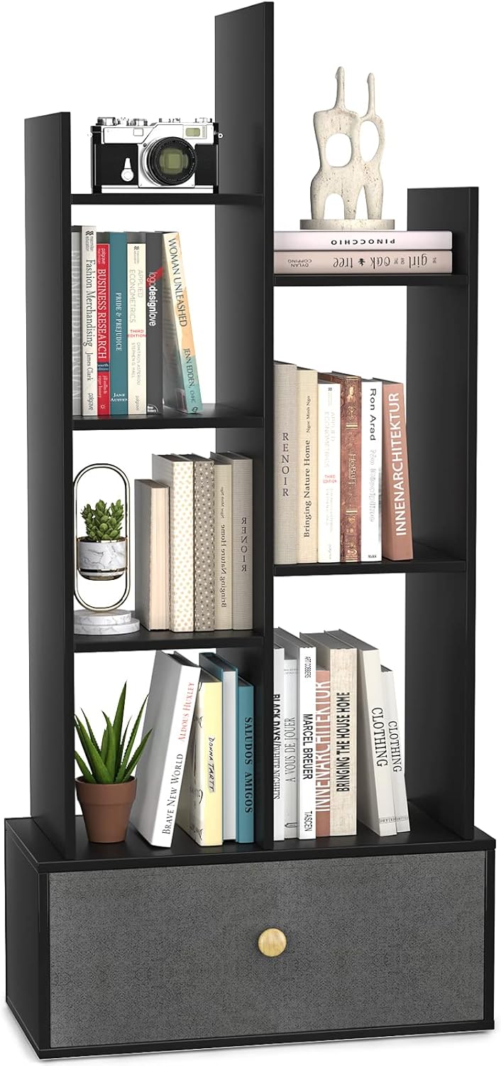 Unikito Bookshelf with Drawer, Free Standing Bookcase with Storage, Open Book Shelf Organizer, Industrial 7 Open Book Shelves, Display Wood Book Case for Bedroom, Living Room, Home Office, Black