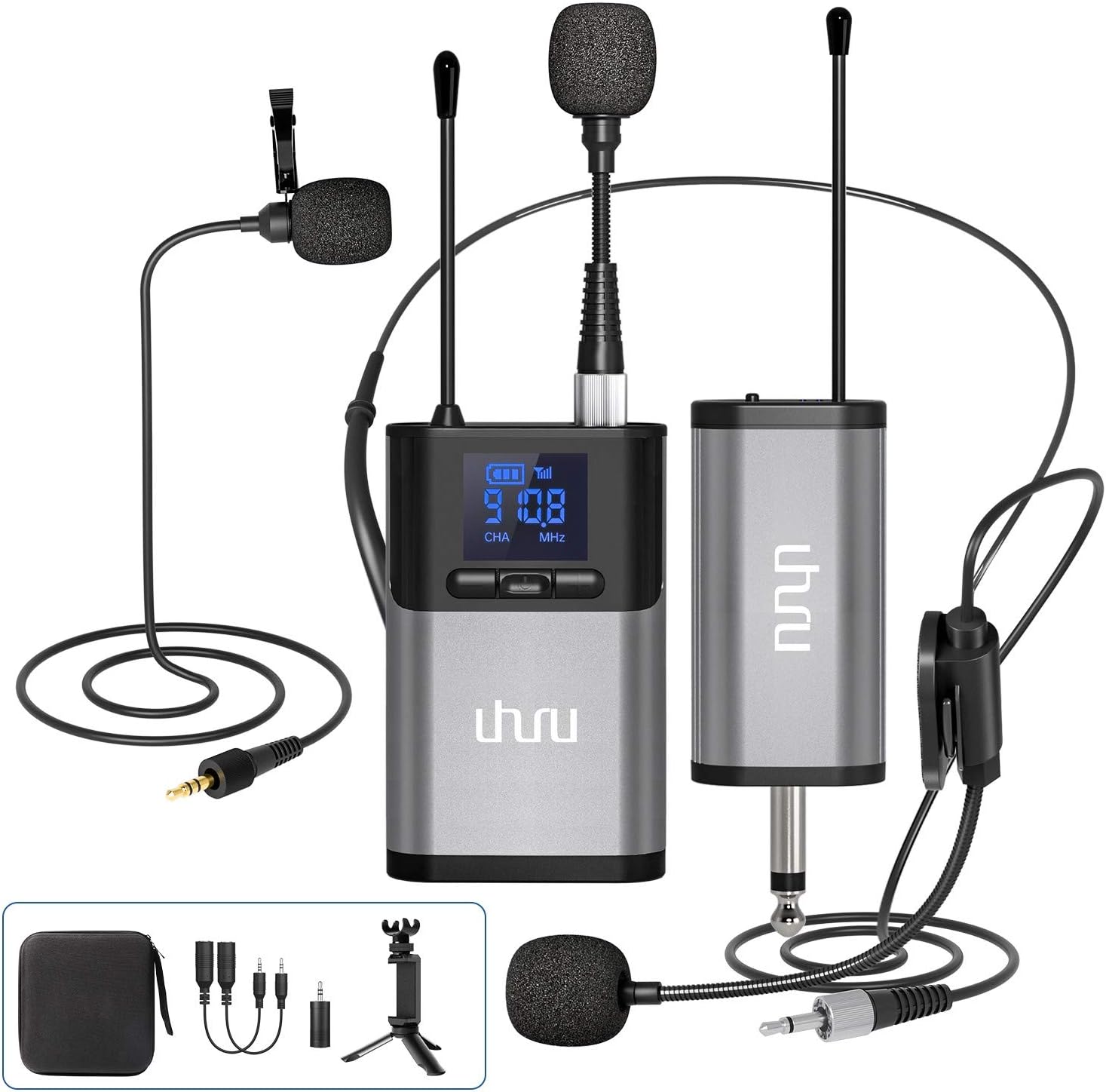 Wireless Lavalier Microphone, UHURU 3 in 1 Wireless Microphone, Bodypack Transmitter & Receiver Powered 2 x AAA Batteries for Preaching, Teaching, Video Recording, etc. Pack of 2