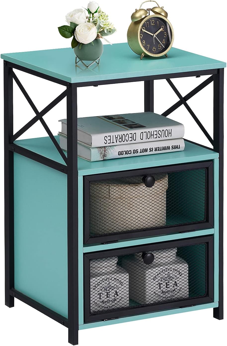 VECELO Modern X-Design Night Stand, Versatile Nightstands, End Drawer Storage Shelf Side Table, Black, 1 Set, Retro BRN