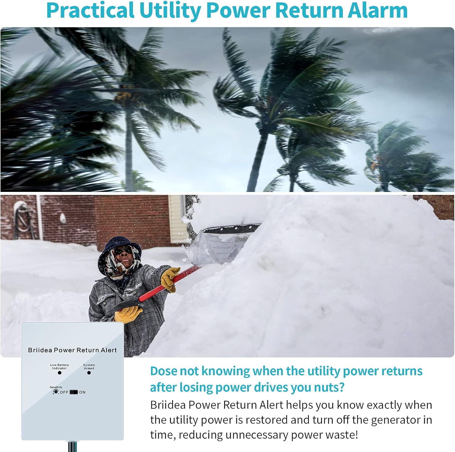 briidea Power Return Alarm, Utility Power Back on Alert for Generator, Loud Siren with LED Indicator