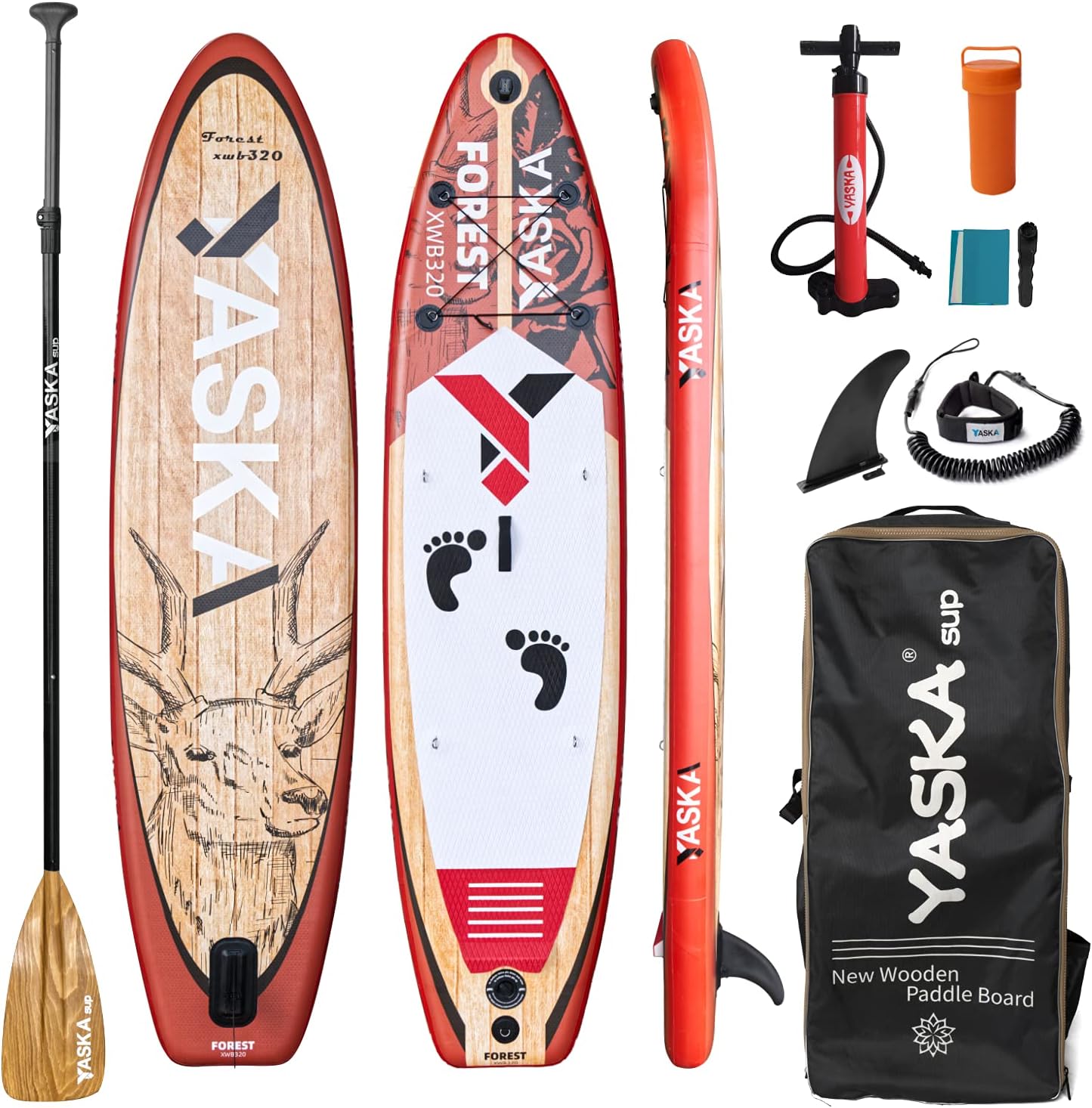 10.6ft Inflatable Stand Up Paddle Board- SUP Board for All Skill Levels with SUP Accessories & Fiberglass Paddle,Fin, Leash, Double Action Pump and ISUP Travel Backpack for Youth & Adult (Red)