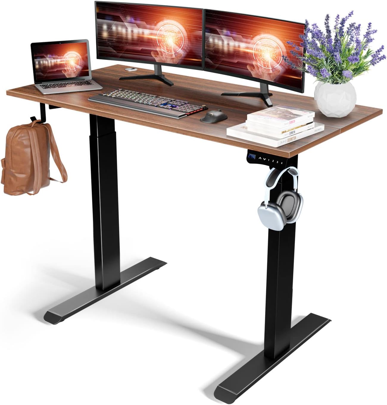 Height Adjustable Electric Standing Desk, 48 x 24 Inches Stand up Table with Touch Screen Controller, Sit Stand Home Office Desk with Splice Board, Walnut Table Top, Black Frame
