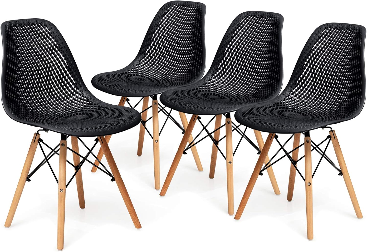Giantex Set of 4 Modern Dining Chairs, Shell PP Lounge Side Chairs w/Mesh Design, Beech Wood Legs, Tulip Leisure Chairs, DSW Dining Chairs for Kitchen, Dining Room, Living Room, Outdoor, Black