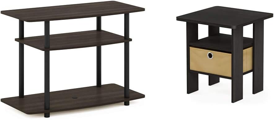 FURINNO Turn-N-Tube 3-Tier TV Stand, Espresso/Black & End Table Bedroom Night Stand w/Bin Drawer, Espresso/Brown