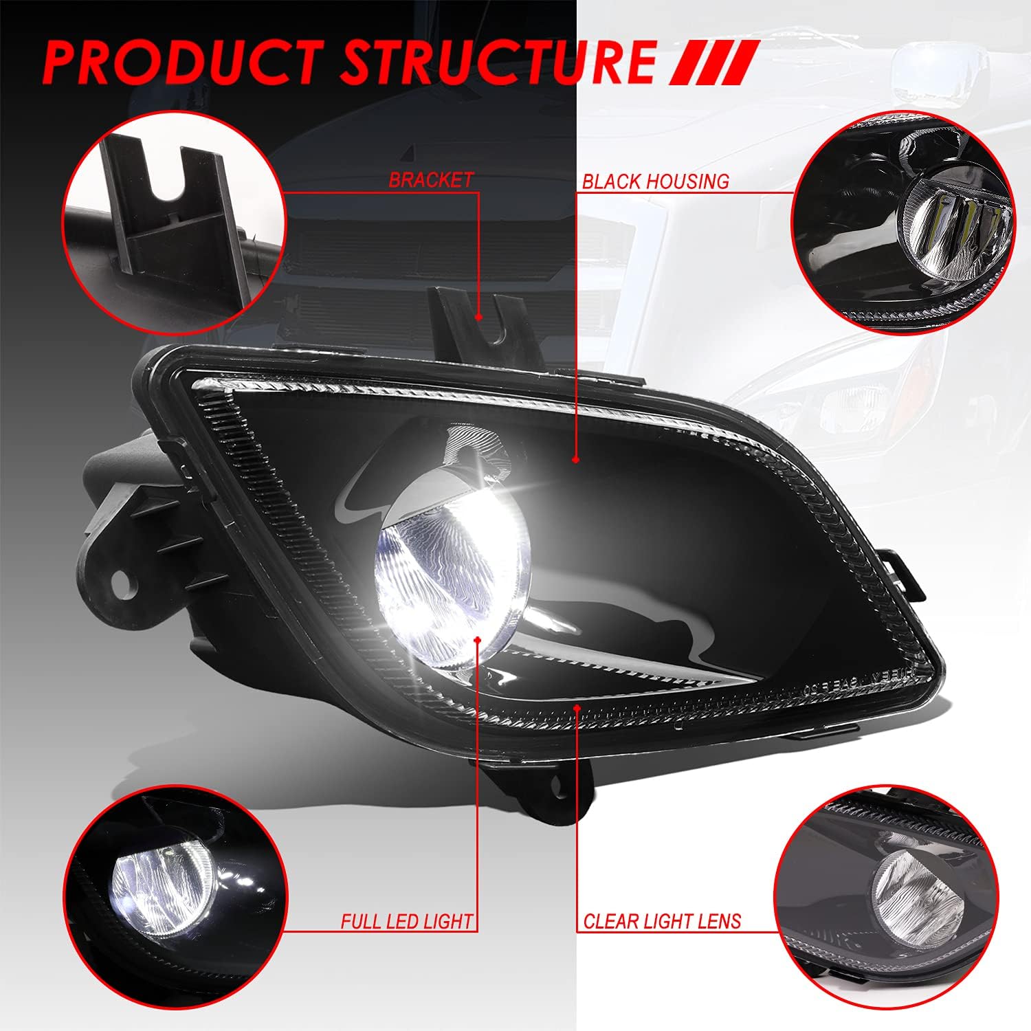 High Power LED Front Bumper Driving Fog Lights Lamps Compatible with Freightliner Cascadia 18-22, Driver and Passenger Side, Black Housing