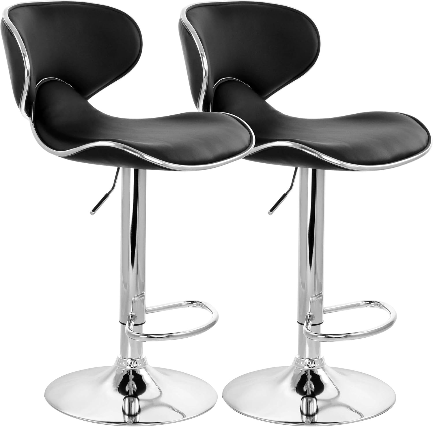 Elama Modern 2 Piece Slim Faux Leather Adjustable Bar Stool in Black with Chrome Base