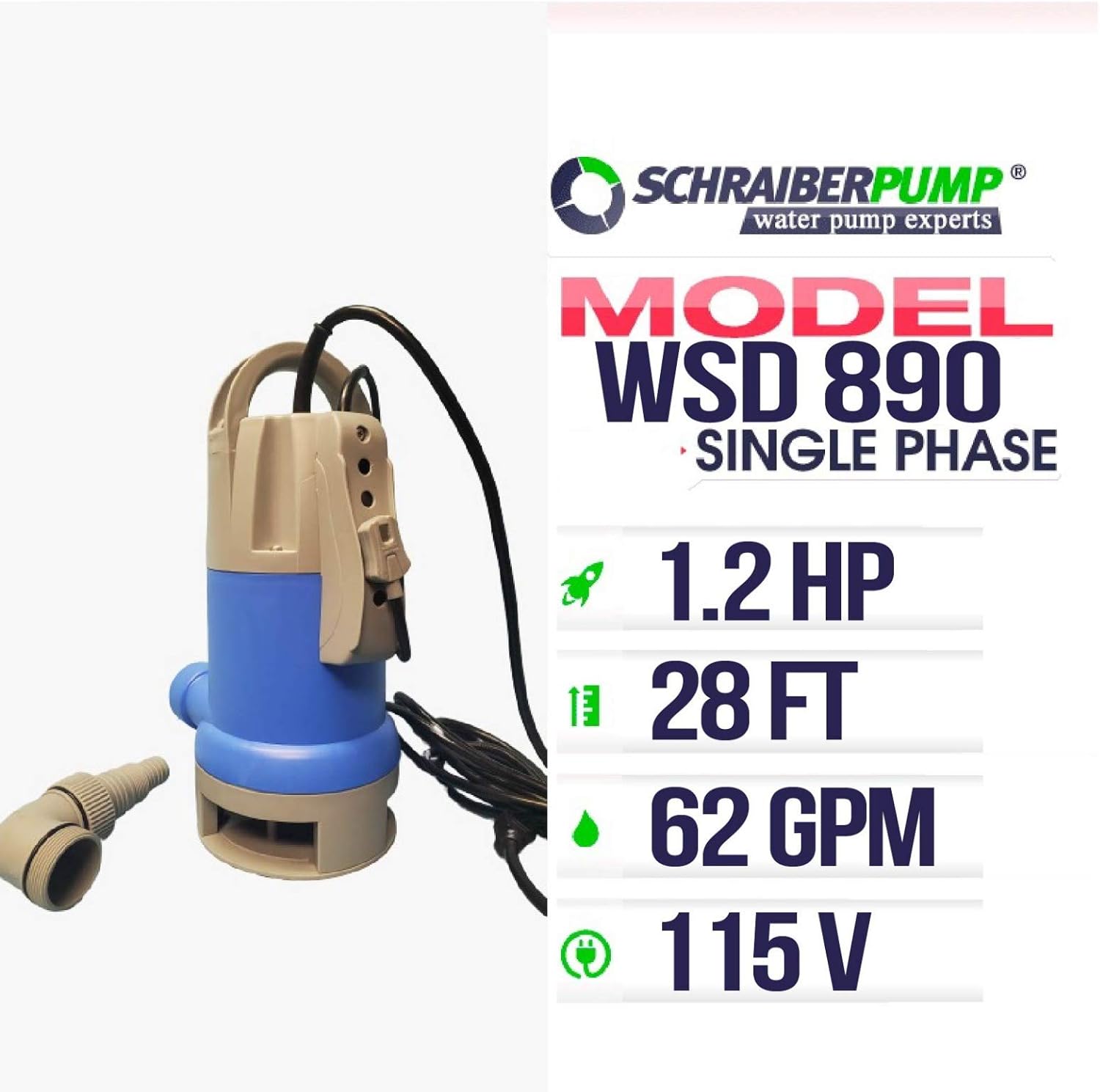 Submersible Clean/Dirty Water Sump Pump 1.2hp with water sensor automatic system, 28'Head, 62gpm, Thermal Protector, Copper Winding - Schraiberpump Pack of 2