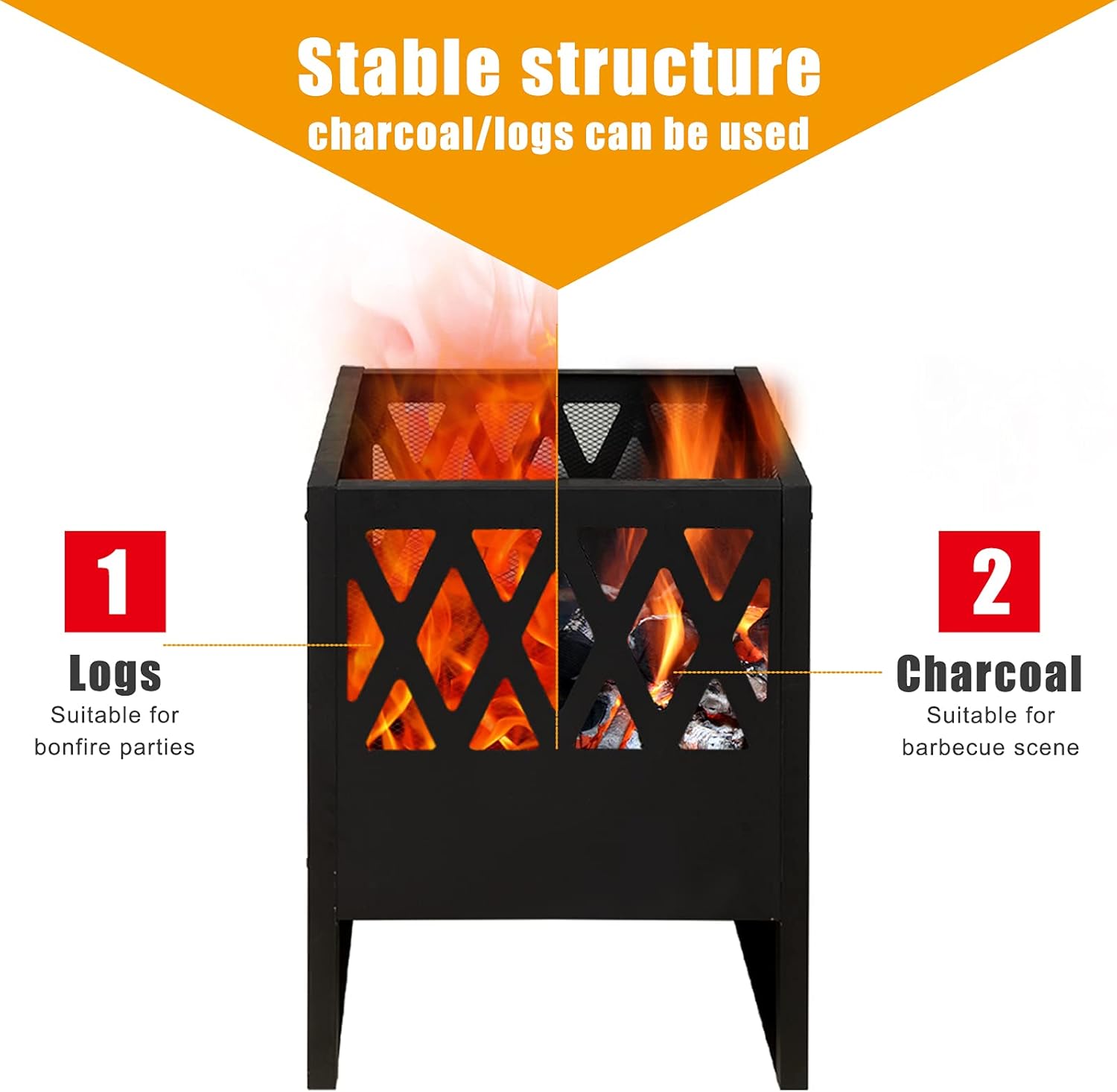 CharaVector Outdoor Wood Burning Burn Barrel Fire Pits 28&rdquo; Large Square Wood Stove, Deep Stainless Steel with Mesh Spark Screen and Fire Poker for Barbeque, Backyard, Bonfire