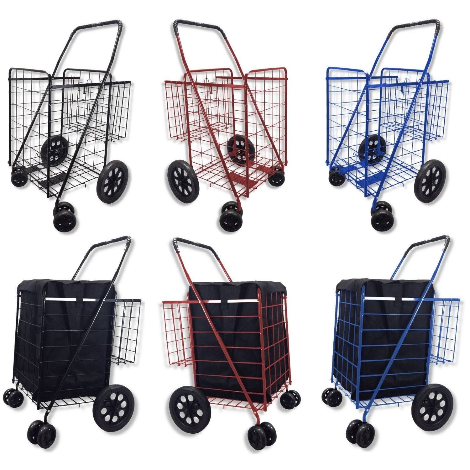 Black Jumbo Double Basket 360-Degree Rotation Swivel-wheel Folding Shopping Cart with Free Liner and Cargo Net