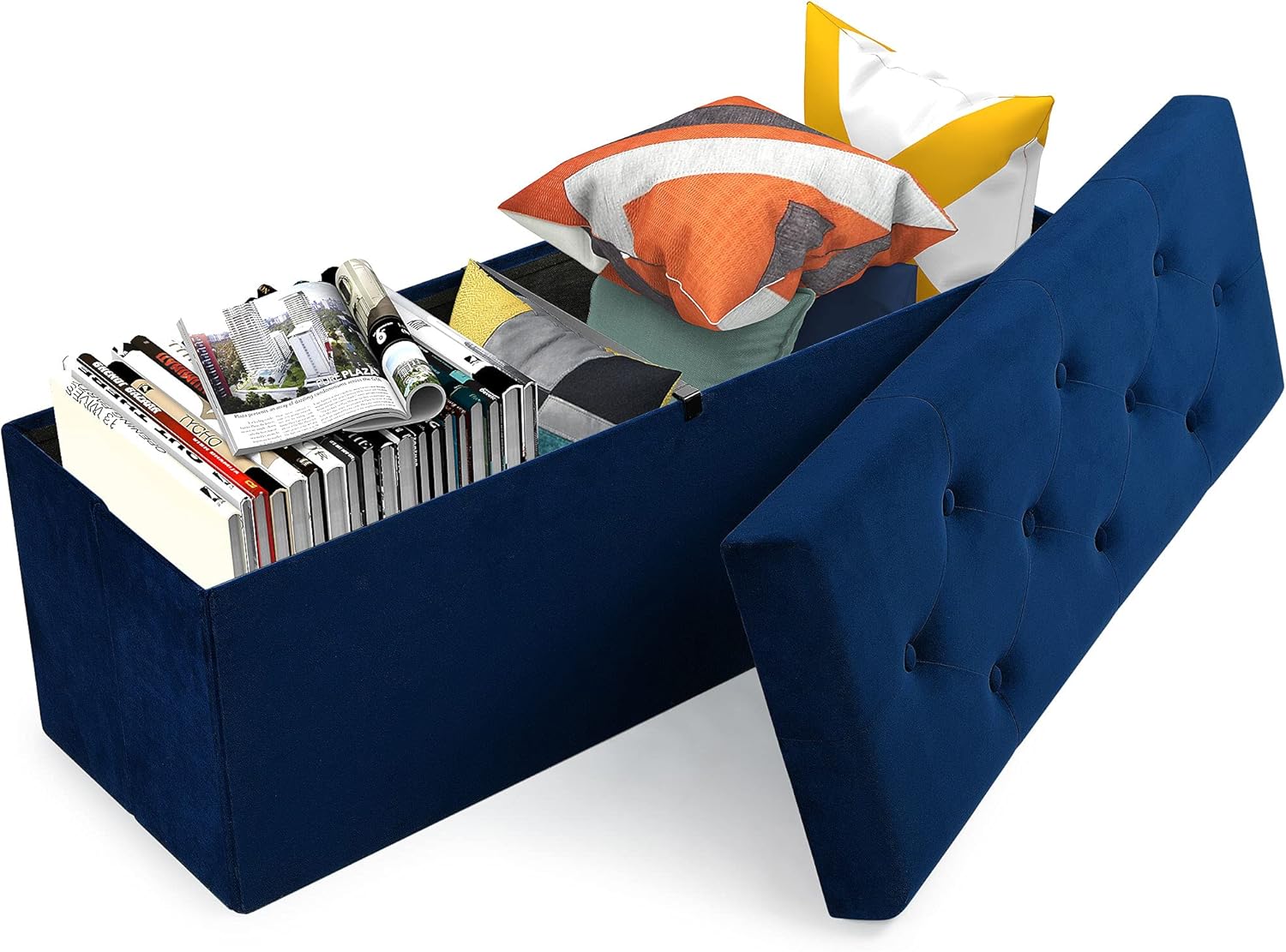 YITAHOME 120L Velvet Storage Ottoman Bench, 43-inch Folding Footrest Stool with Large Storage Space for Bed End and Hallway, Support 680 lbs, Rectangular, Navy Blue Pack of 2