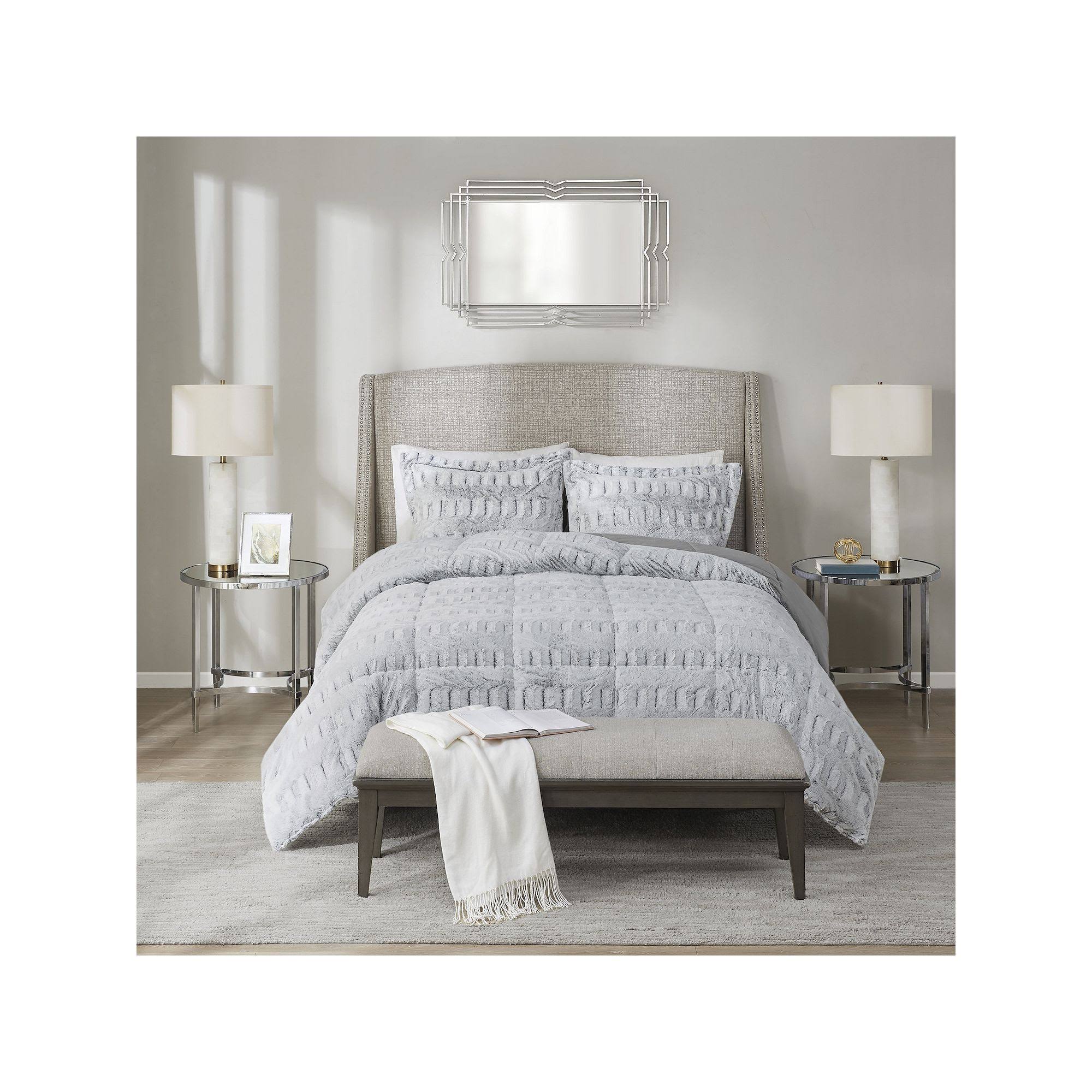 Madison Park GIA Back Print Long Fur Comforter Mini Set - Grey - Full/Queen