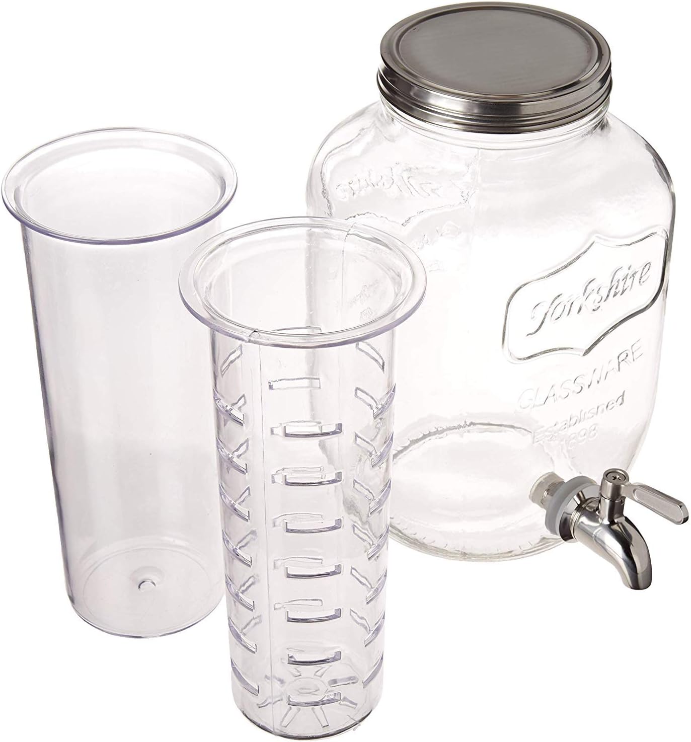 2 Gallon Glass Beverage Dispenser with Ice and Fruit Infusers, Stainless Steel Spigot and Metal Lid, Wide Mouth Mason Jar Drink Dispenser, for Iced Tea, Kombucha Brewing and more Pack of 2