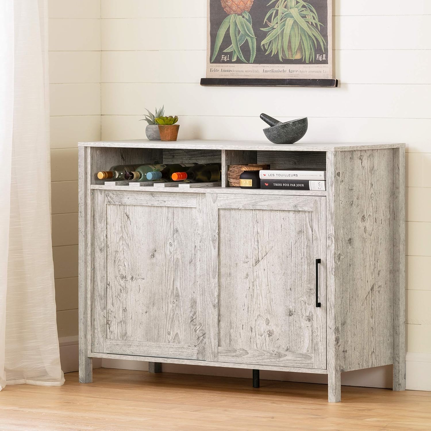 South Shore Munich Buffet with Sliding Door-Weathered Oak and Matte Black
